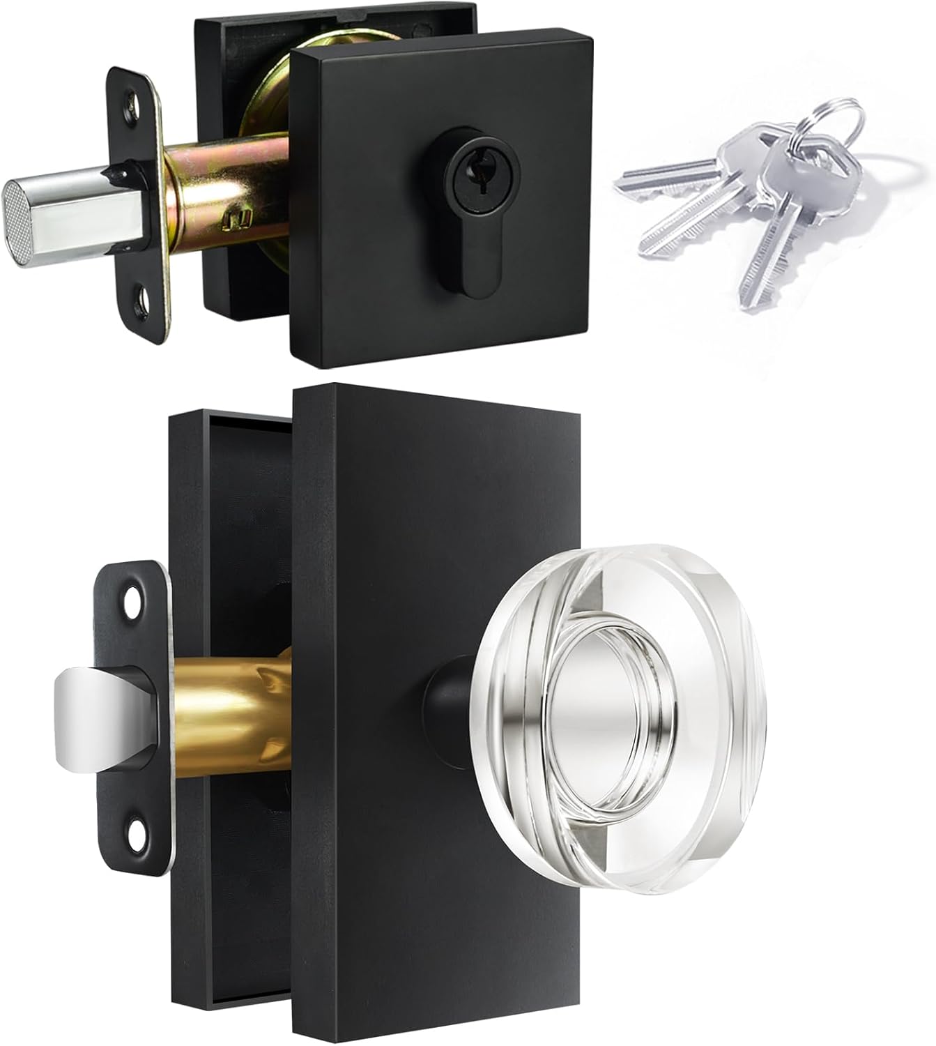 Sleek Glass Crystal Door Knobs with Deadbolt Set - Matte Black