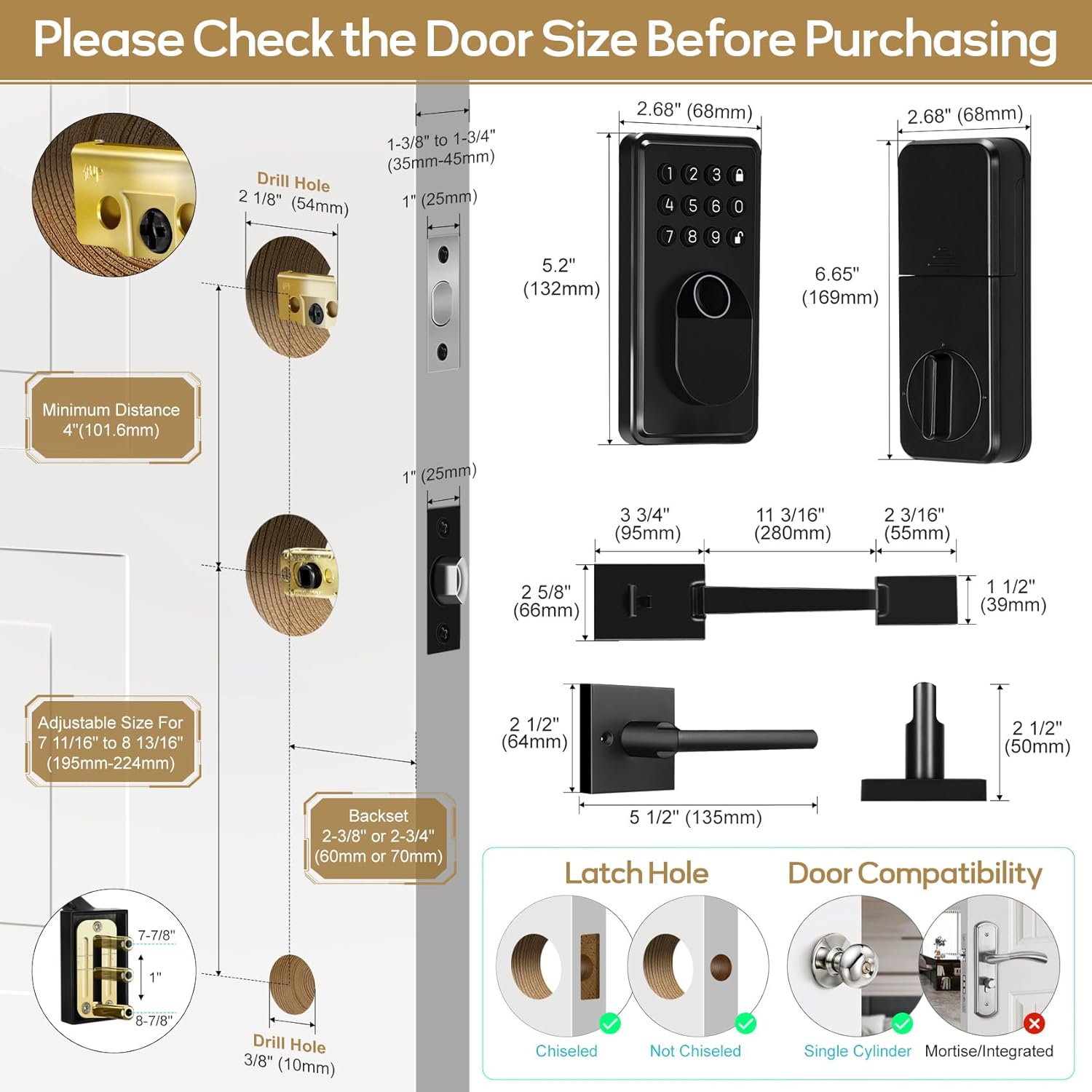 Feikeir Fingerprint Keypad Door Lock with Handle Set Reversible Matte Black
