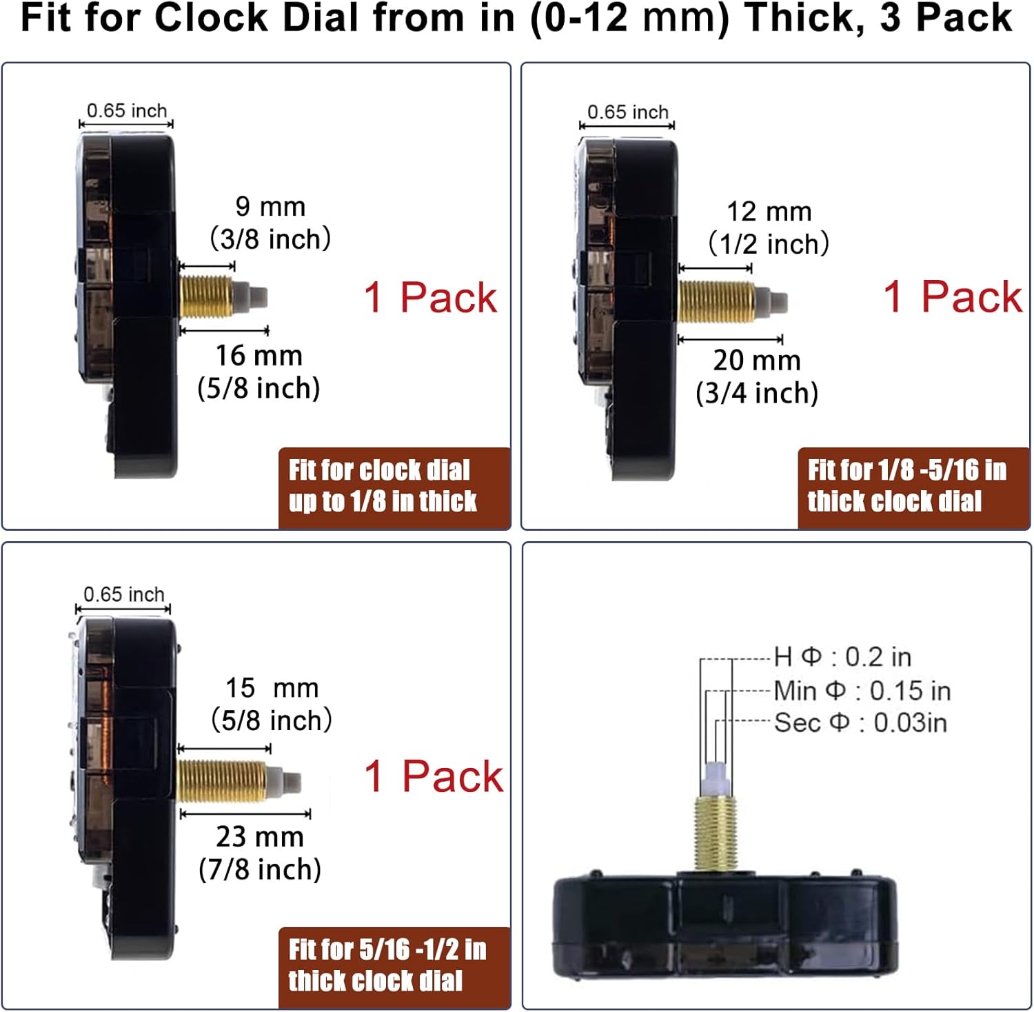 3-Piece Silent Clock Mechanism Kit with Different Shaft Sizes