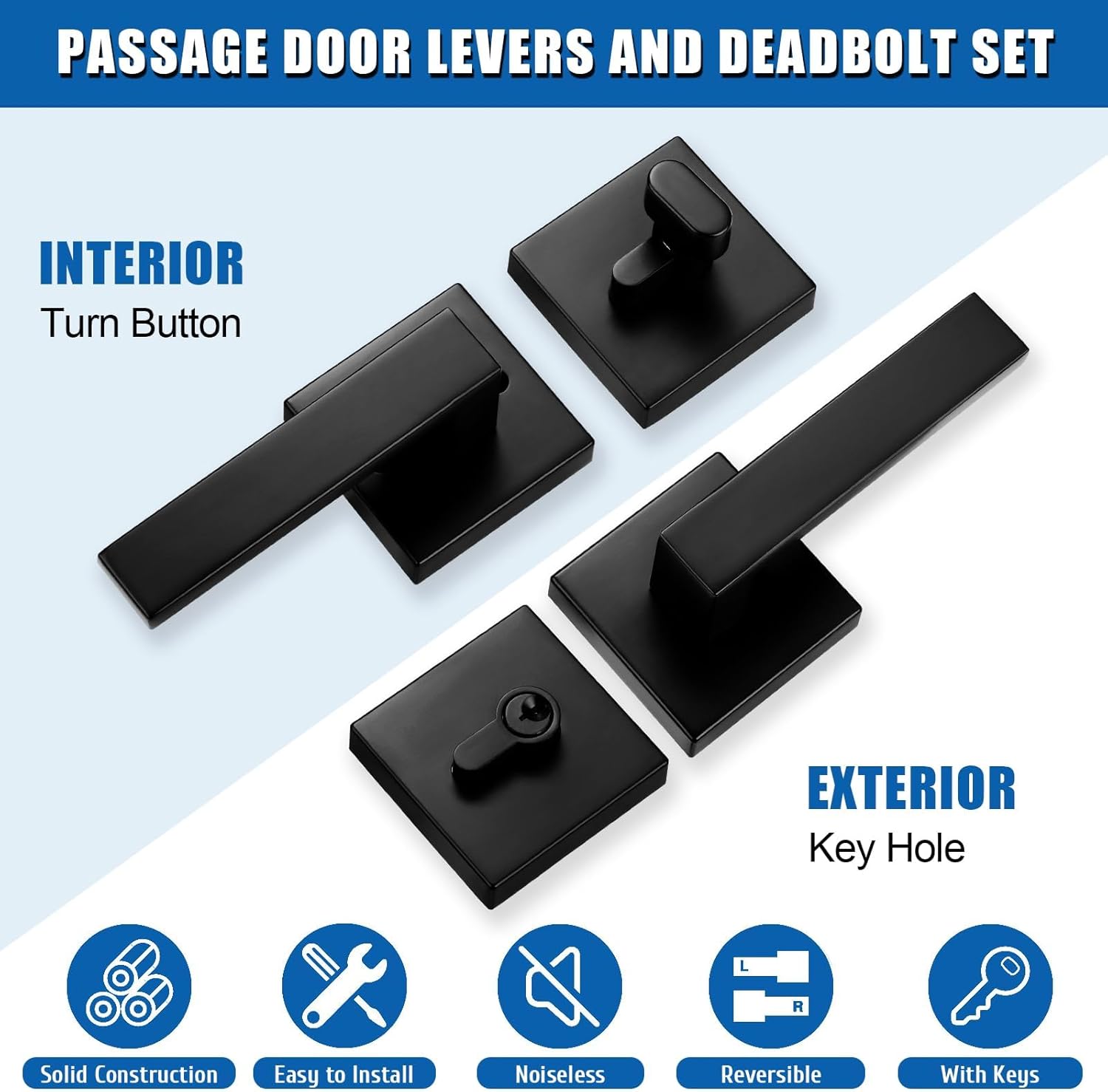 Sopoby Passage Door Handle Set Matte Black Single Cylinder Deadbolt Combo