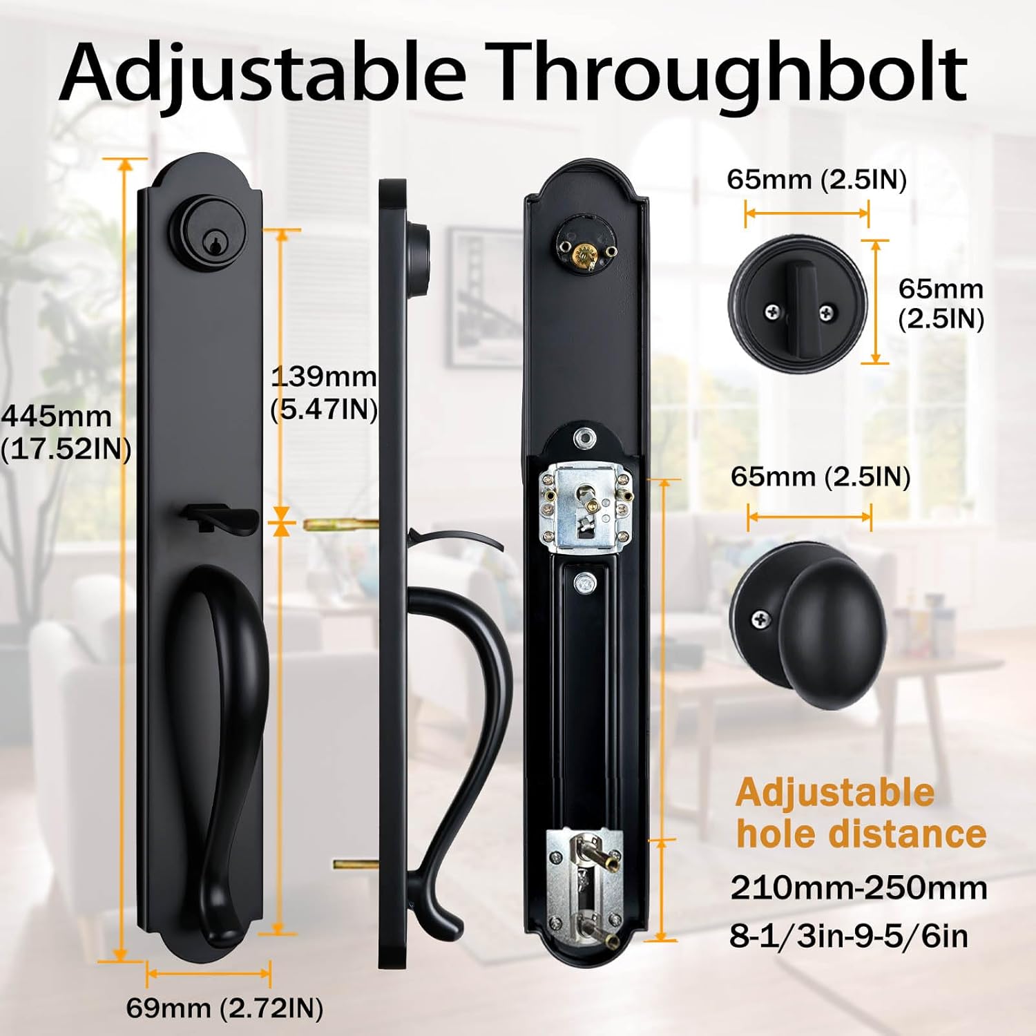 Matte Black Front Door Handleset with Deadbolt Adjustable reversible security