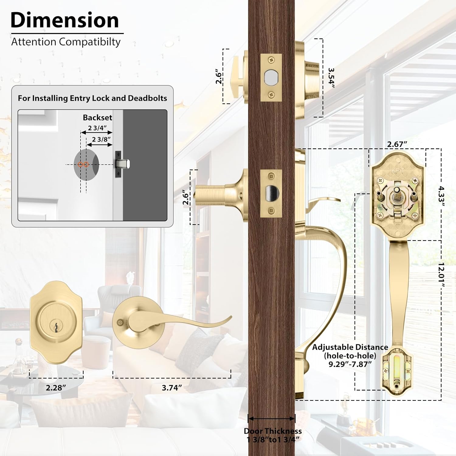 Haidms Gold Front Door Handle and Deadbolt Set