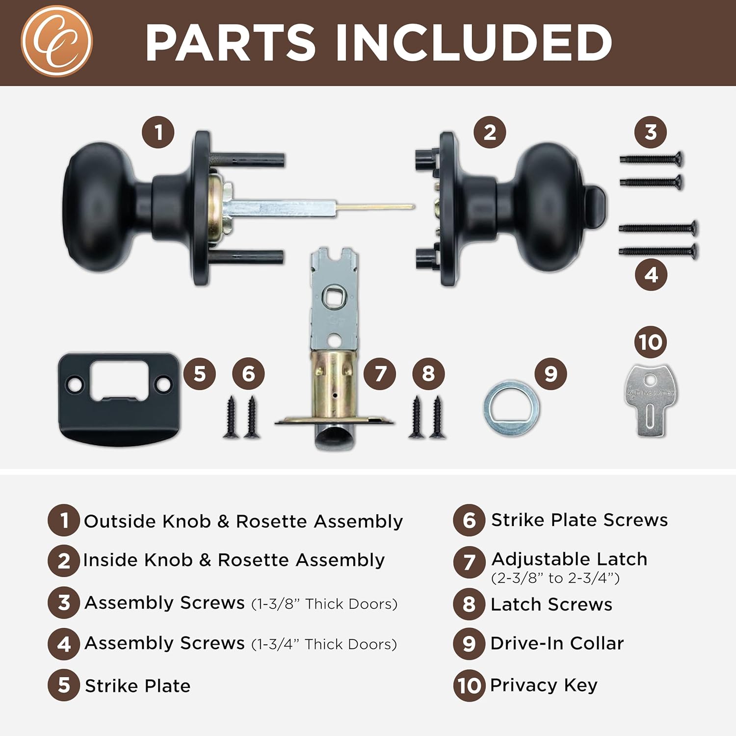 Copper Creek matte black door knobs - Privacy locking function