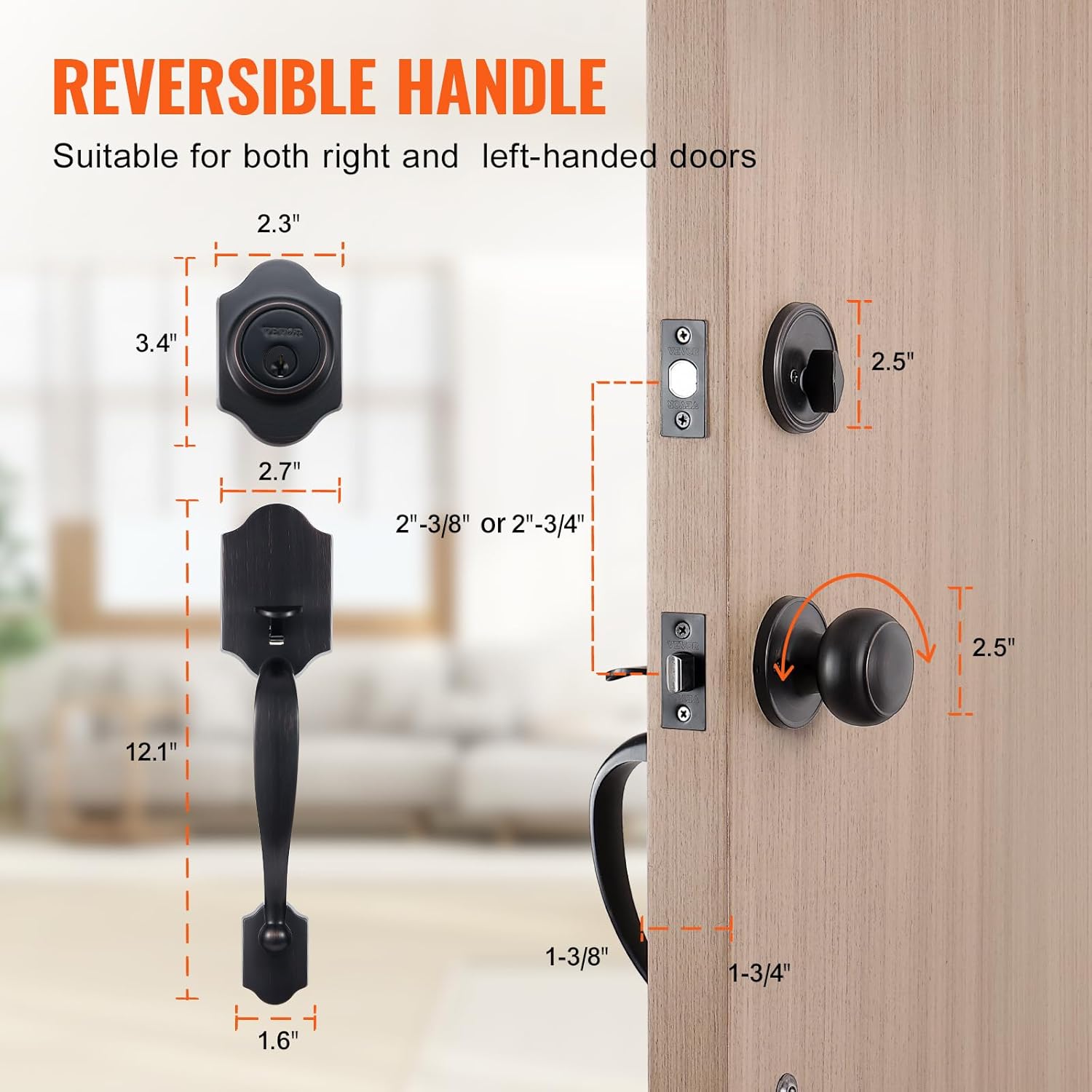 EVOR Adjustable Front Door Handle Set Antique Copper Easy Install Durable