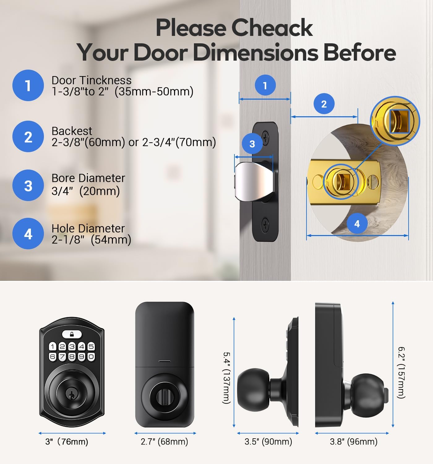 TEEHO Keyless Entry Door Lock With Handle - Matte Black
