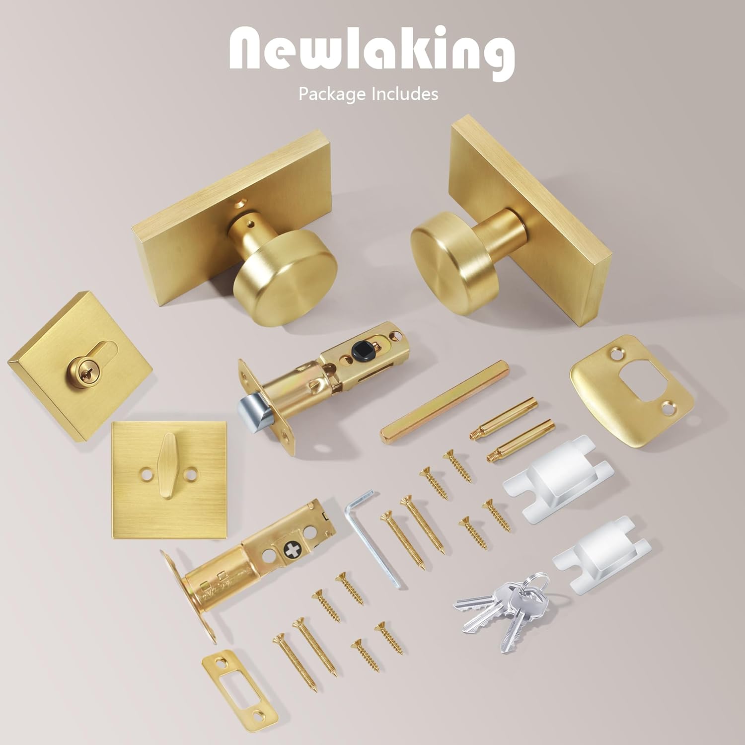 Newlaking Gold Door Knob with Deadbolt Set - Satin Brass