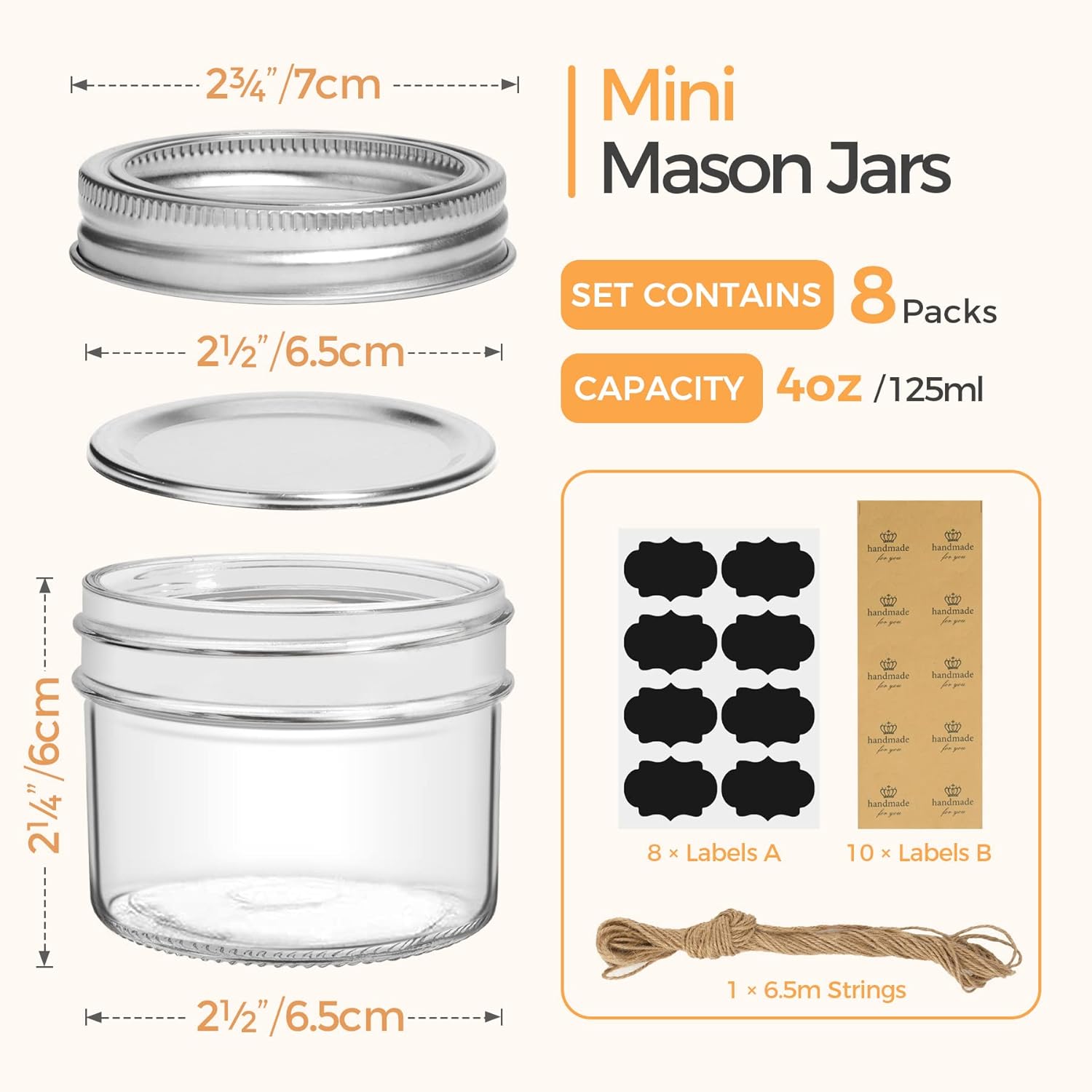 ComSaf Mini Mason Jars Set of 8 - Compact Durable