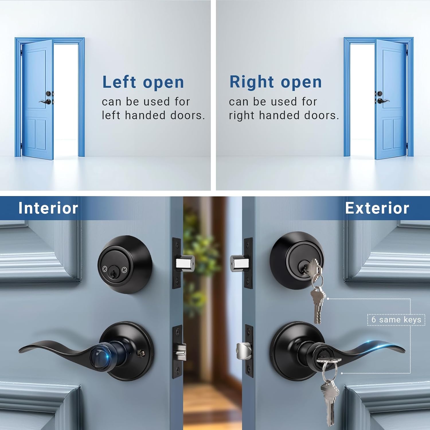 Matte Black Door Handle and Deadbolt Set with 6 Keys
