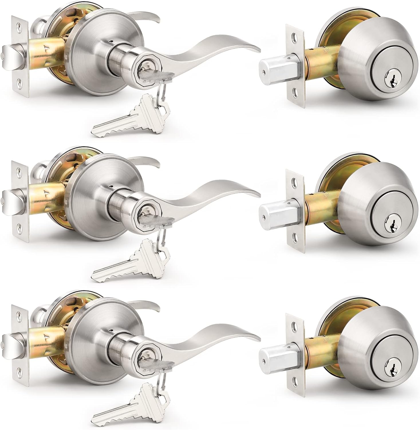 Probrico 3 Set Satin Nickel Exterior Entry Lever Deadbolt Combo
