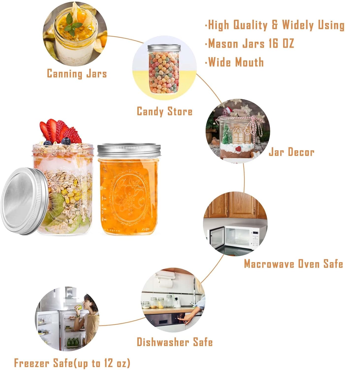 Wide Mouth Mason Jar 16oz with Lids 6pk