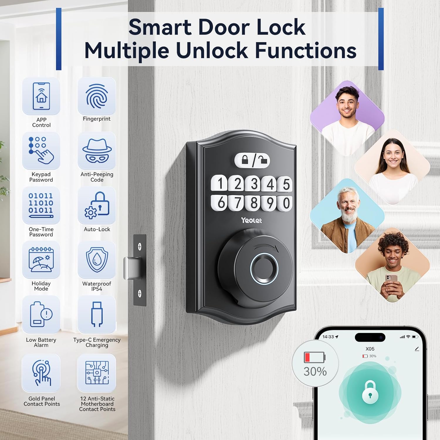 Yeolet Keyless Entry Door Lock with App Control Anti-Peeping Code