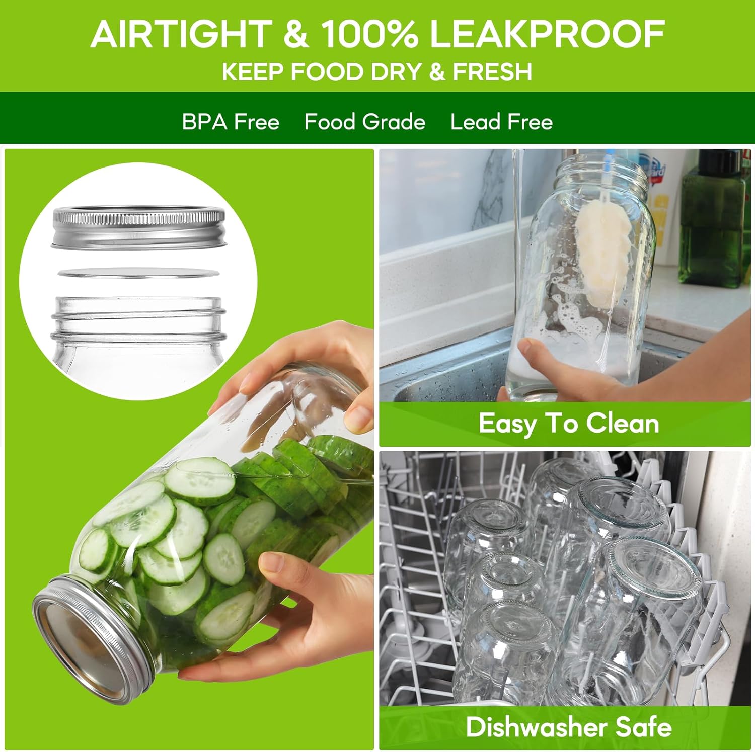 3-Pack wide mouth mason jars for canning storing 64 oz with lids bands Durable leakproof