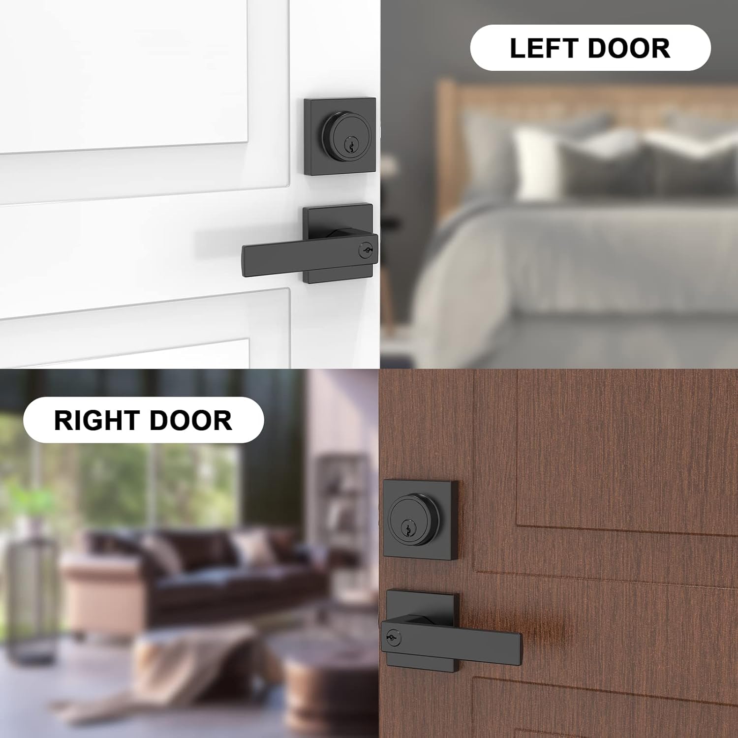 BAOLONG Modern Square Entry Lever Door Handle and Deadbolt Set Matte Black