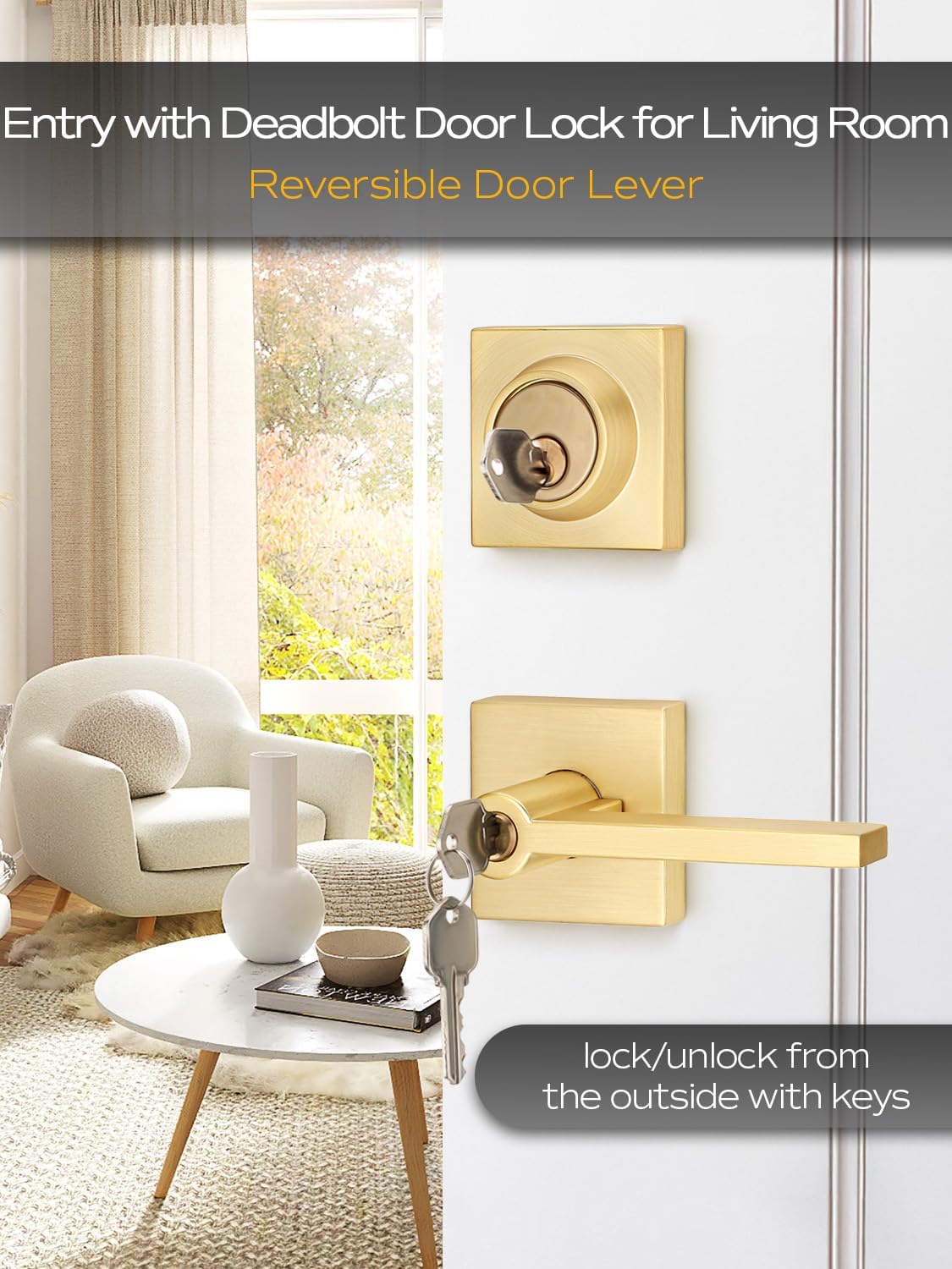 EHomeware Gold Door Handleset Satin Brass Reversible for RightLeft Doors