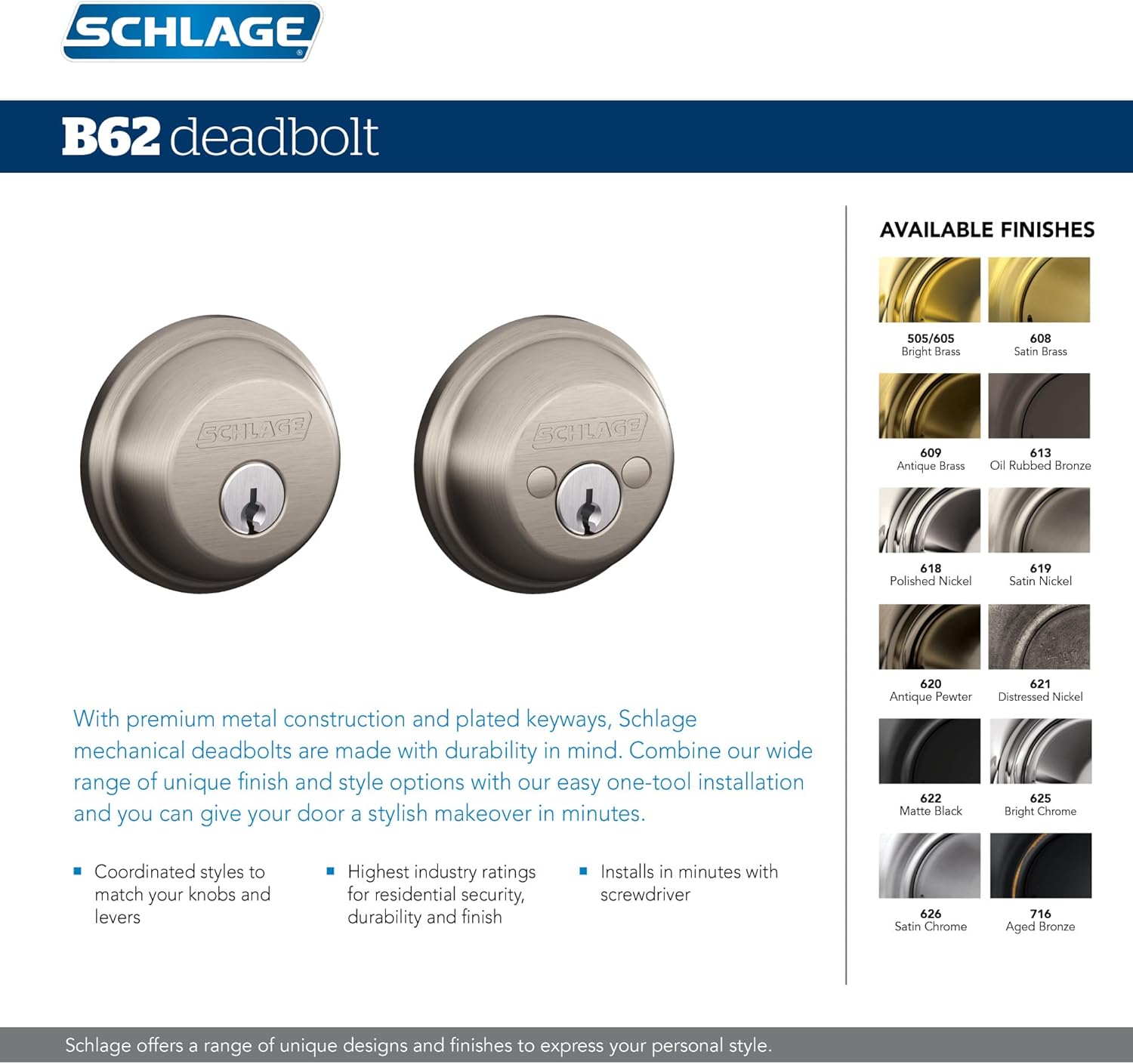 Schlage Deadbolt B62N622 Matte Black