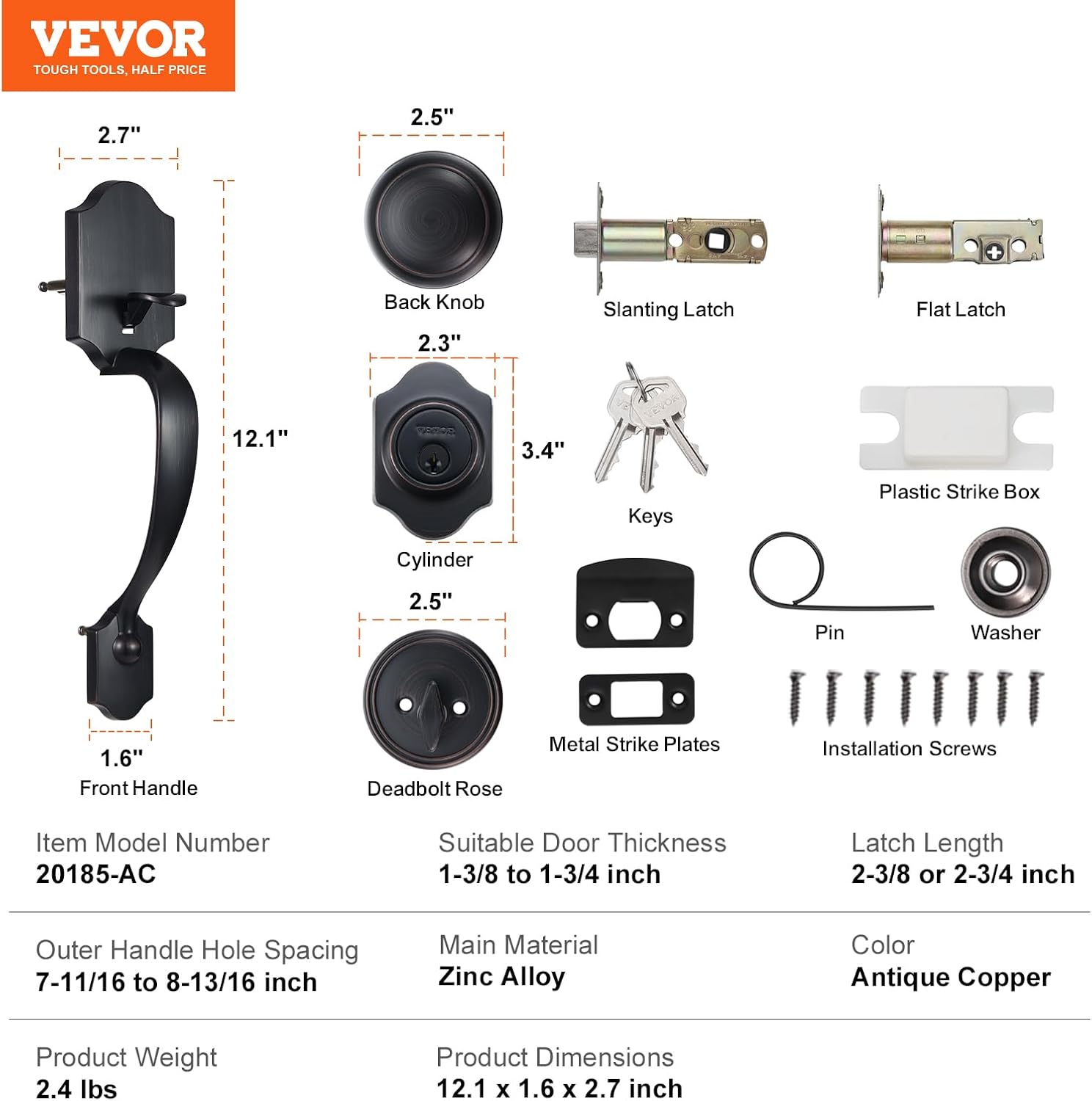 EVOR Adjustable Front Door Handle Set Antique Copper Easy Install Durable