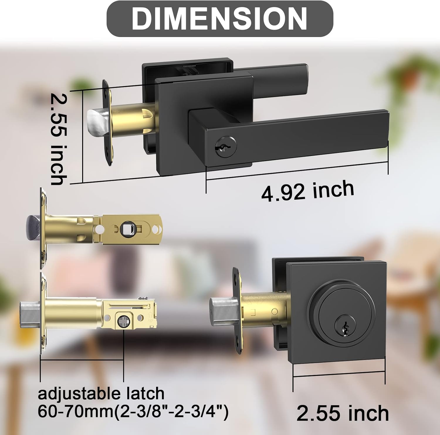 BAOLONG Modern Square Entry Lever Door Handle and Deadbolt Set Matte Black