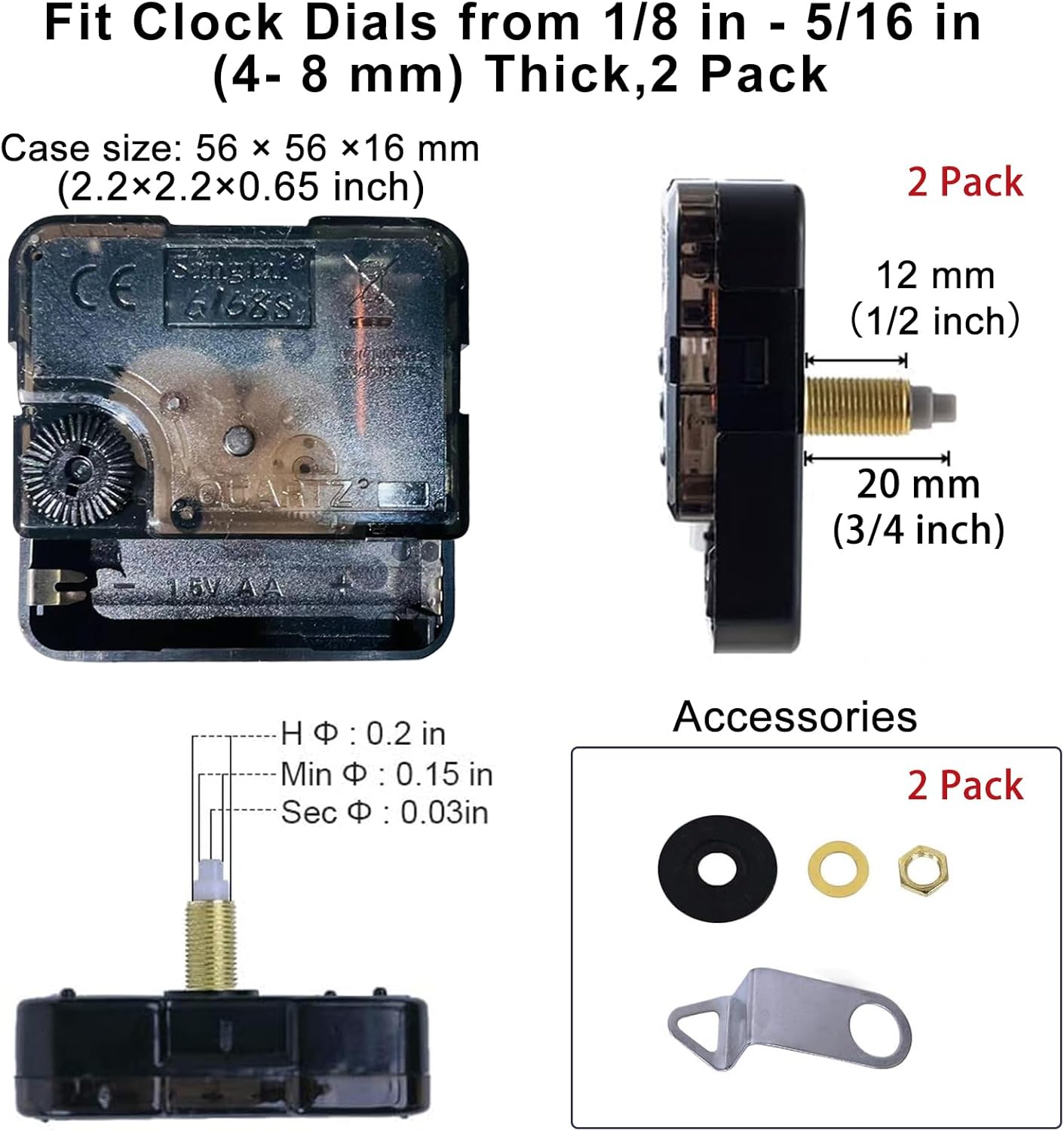 2-Pack Clock Movement Mechanism with 4 Short Clock Hands Kit
