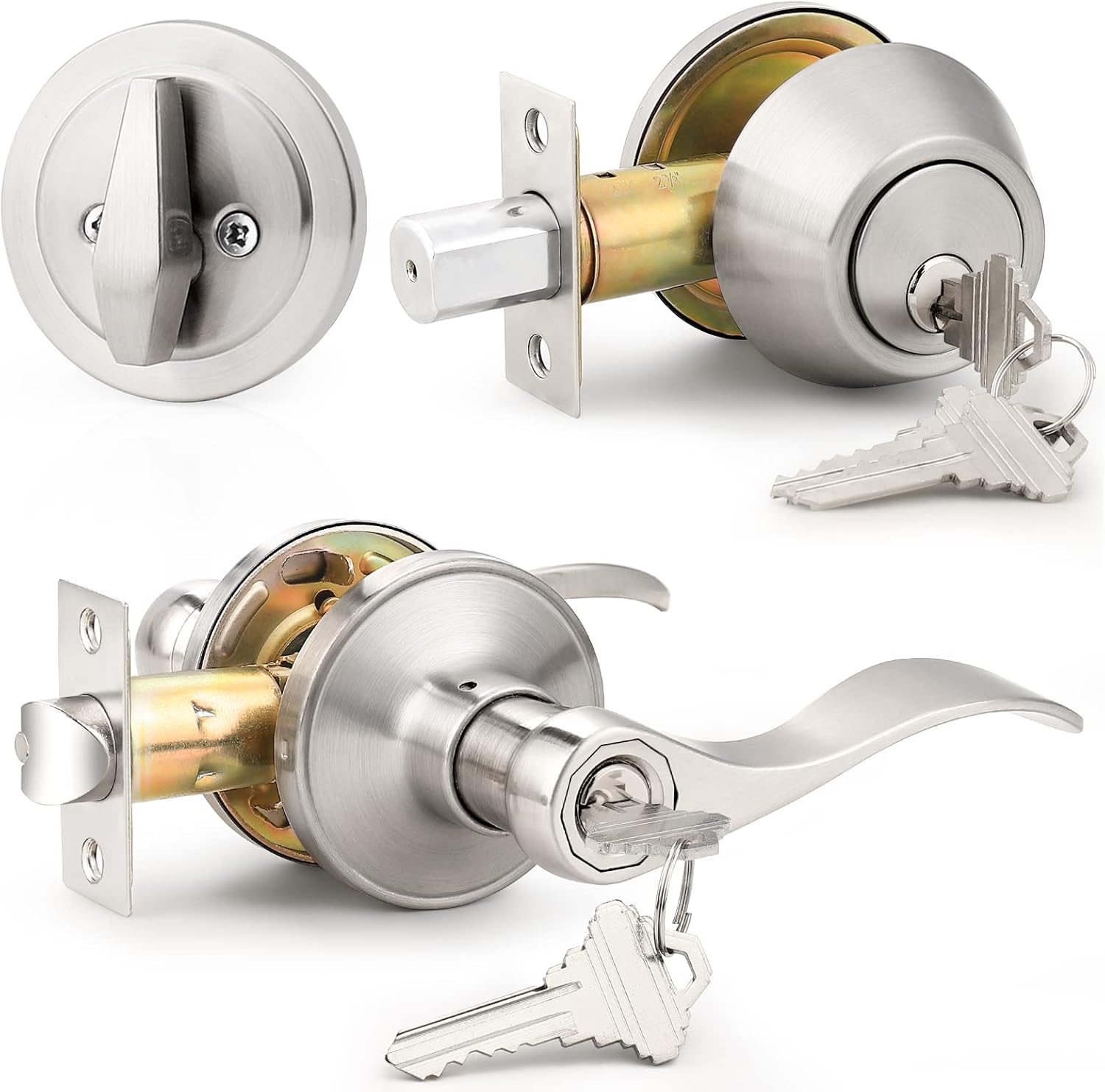 Probrico Drop Style Entry Door Handle Set with Single Cylinder Deadbolt