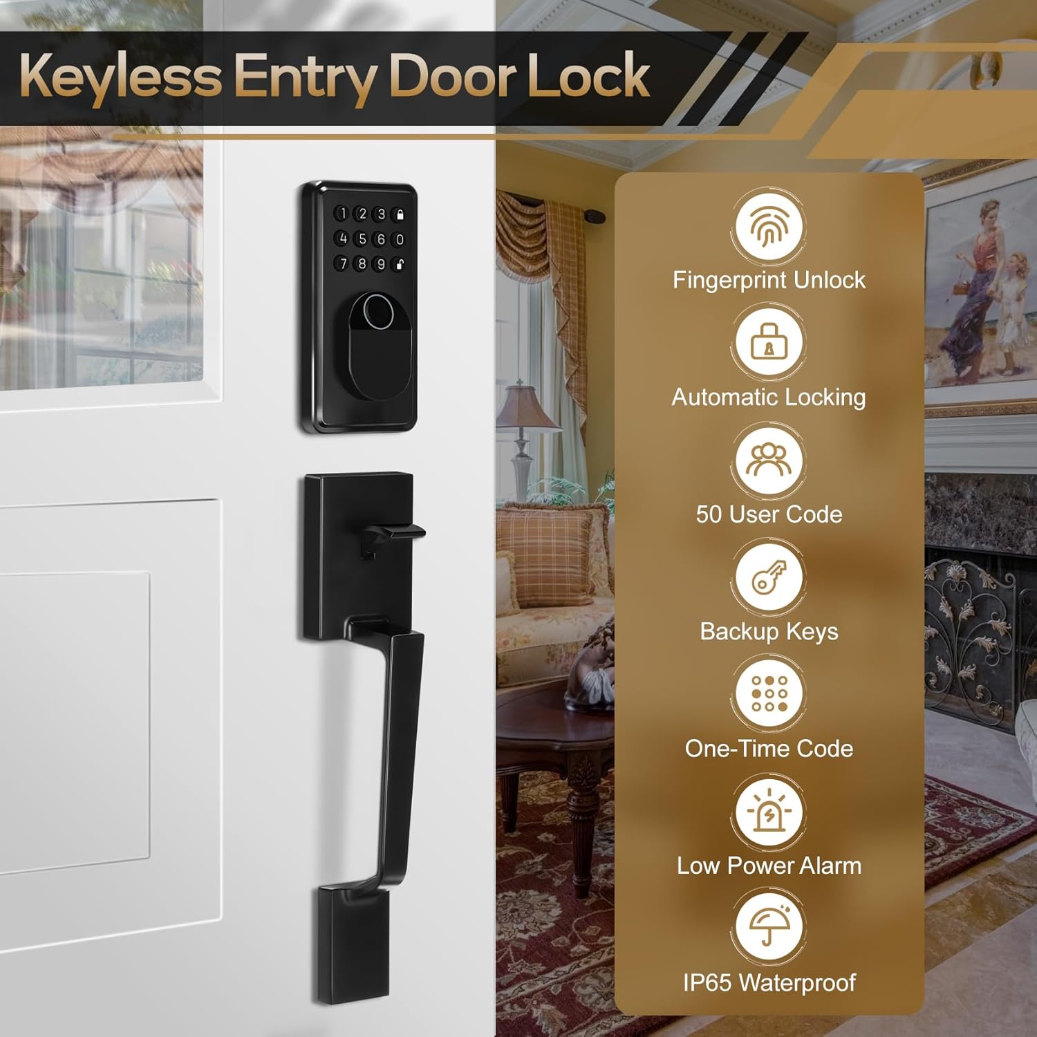 Feikeir Fingerprint Keypad Door Lock with Handle Set Reversible Matte Black