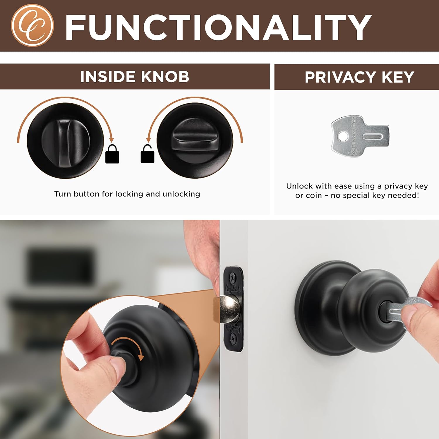 Copper Creek matte black door knobs - Privacy locking function
