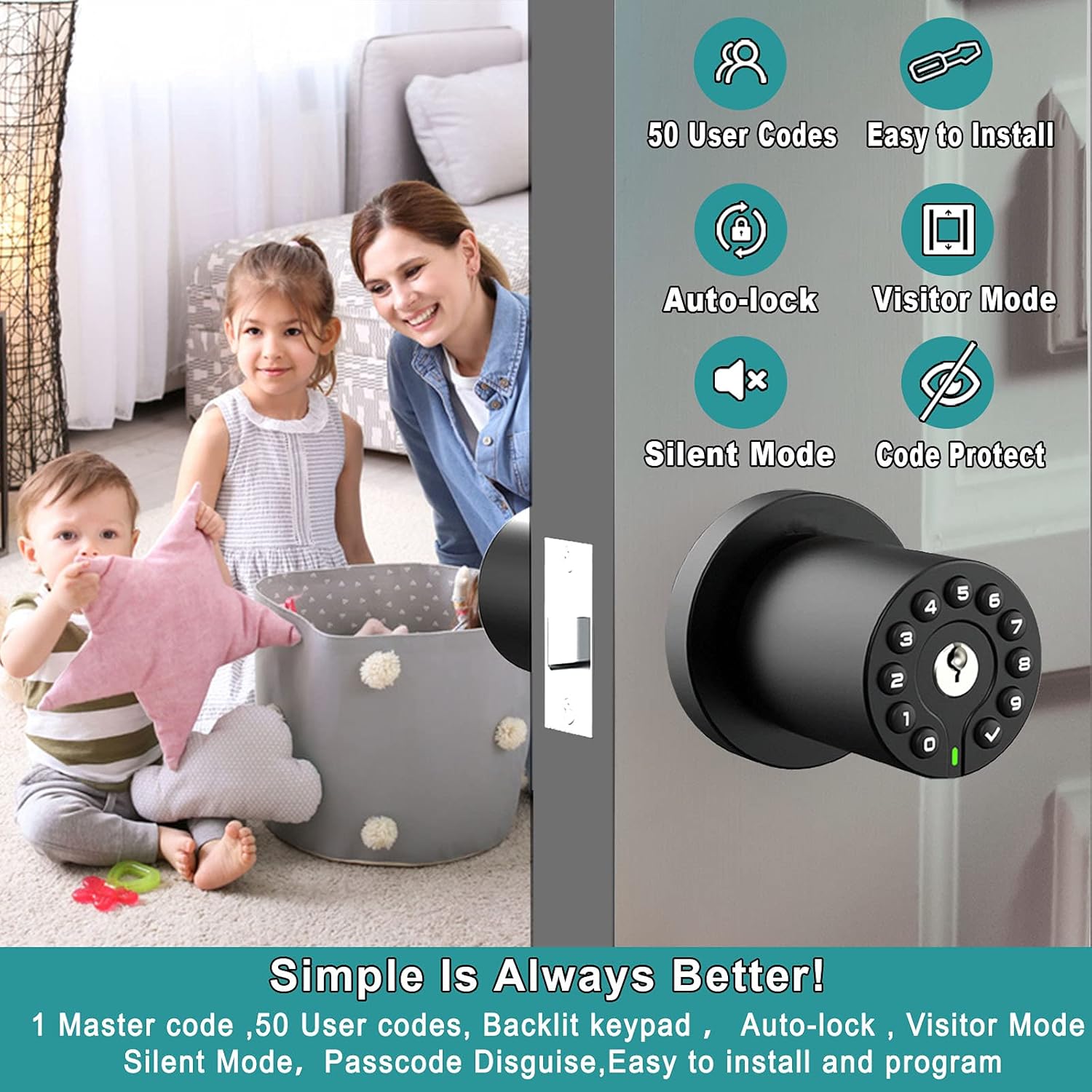 Secure Stylish Keyless Door Knob with 50 User Codes