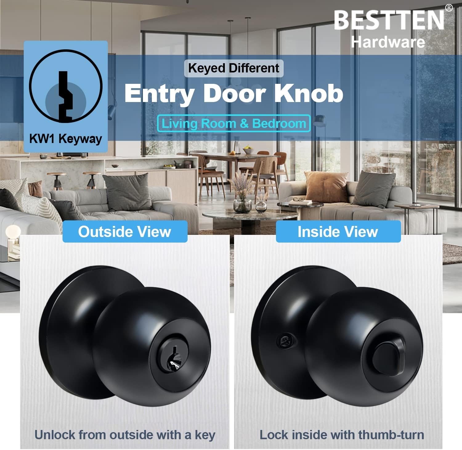 BESTTEN 2-Piece Door Knob Set Matte Black