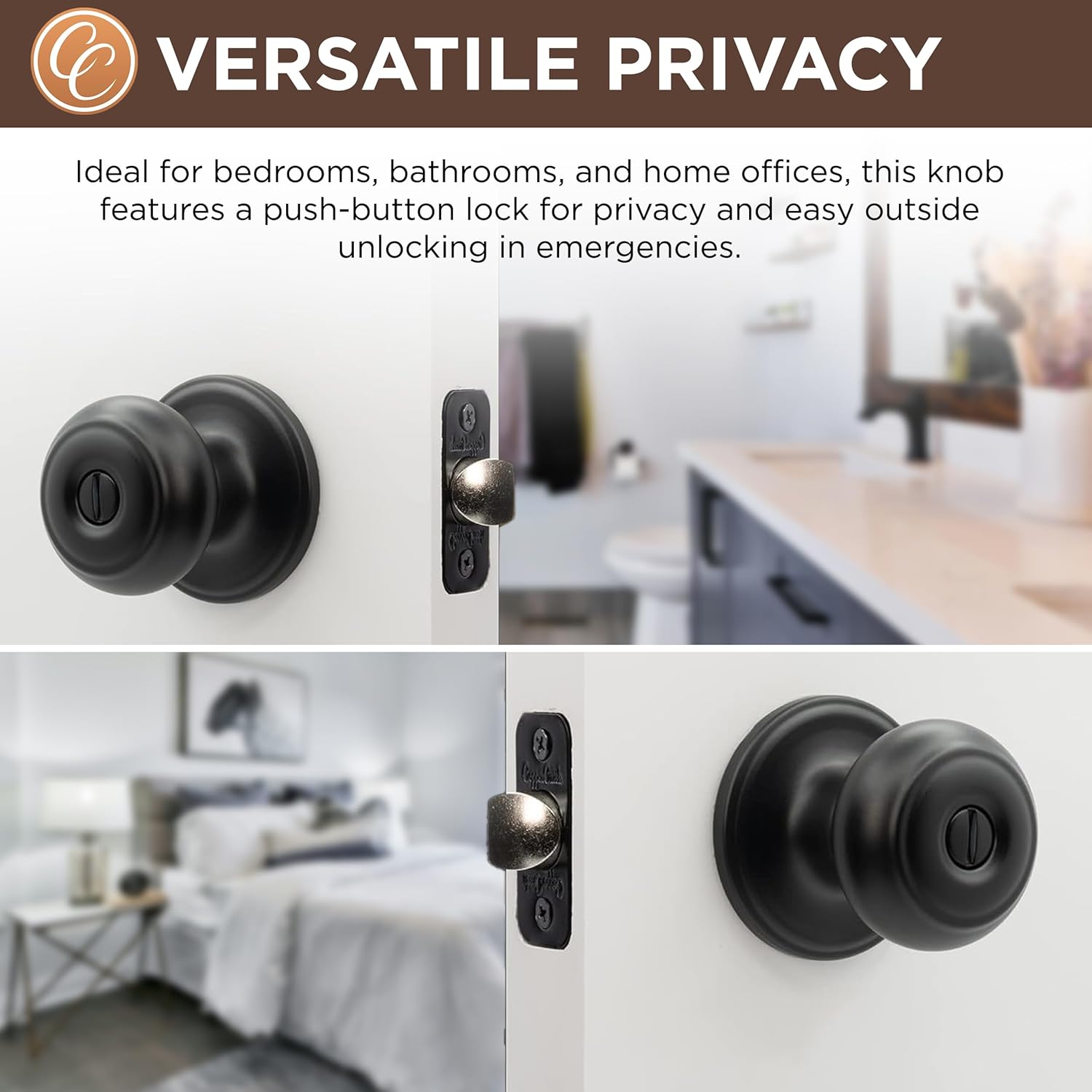 Copper Creek matte black door knobs - Privacy locking function