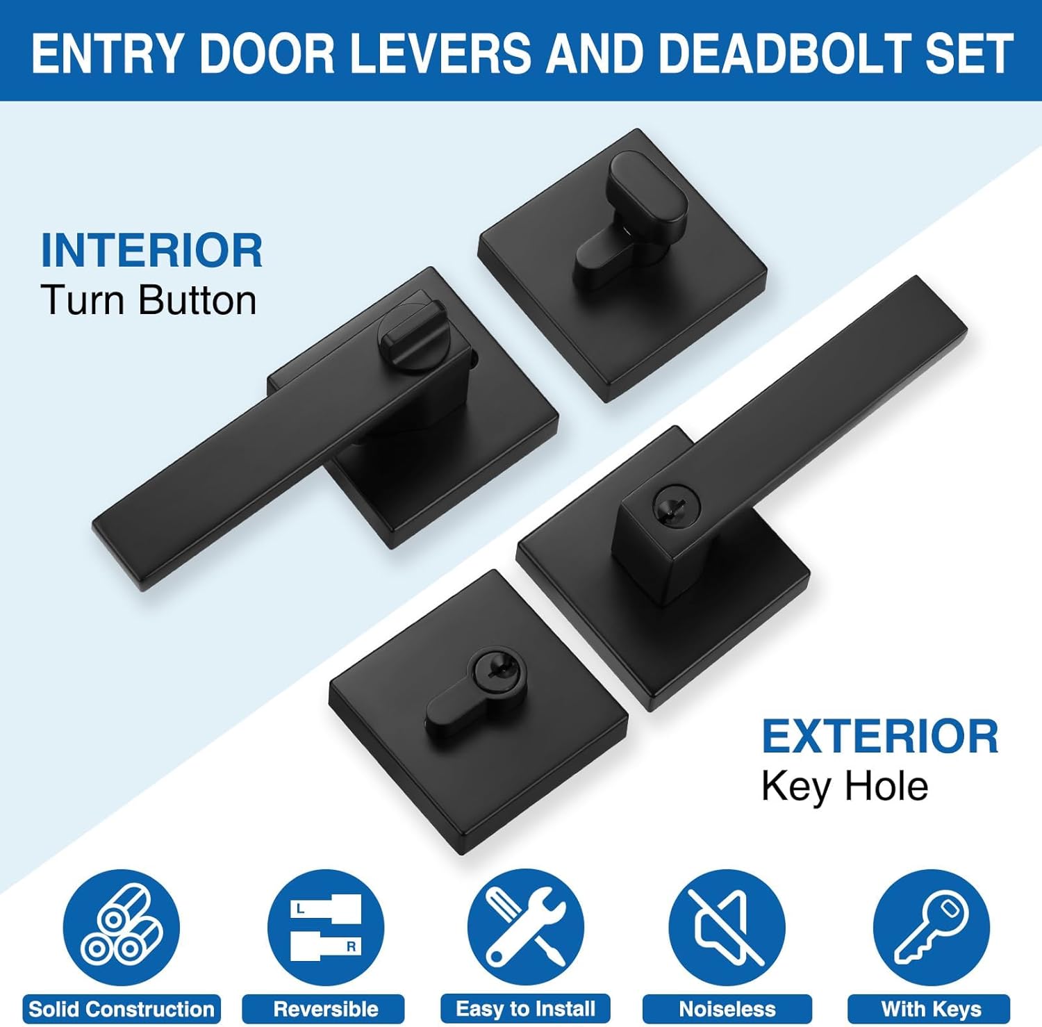 Sopoby Flat Black Door Handles Deadbolt Combo Pack