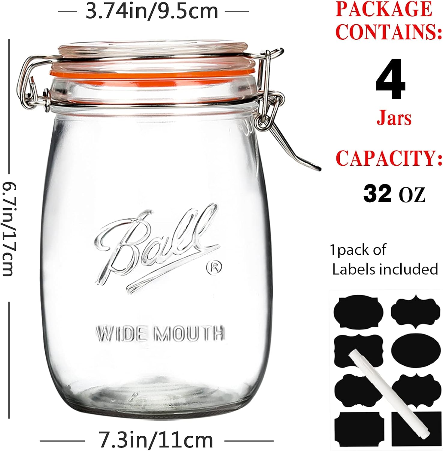 Wide Mouth Glass Jars 32oz x4 Set