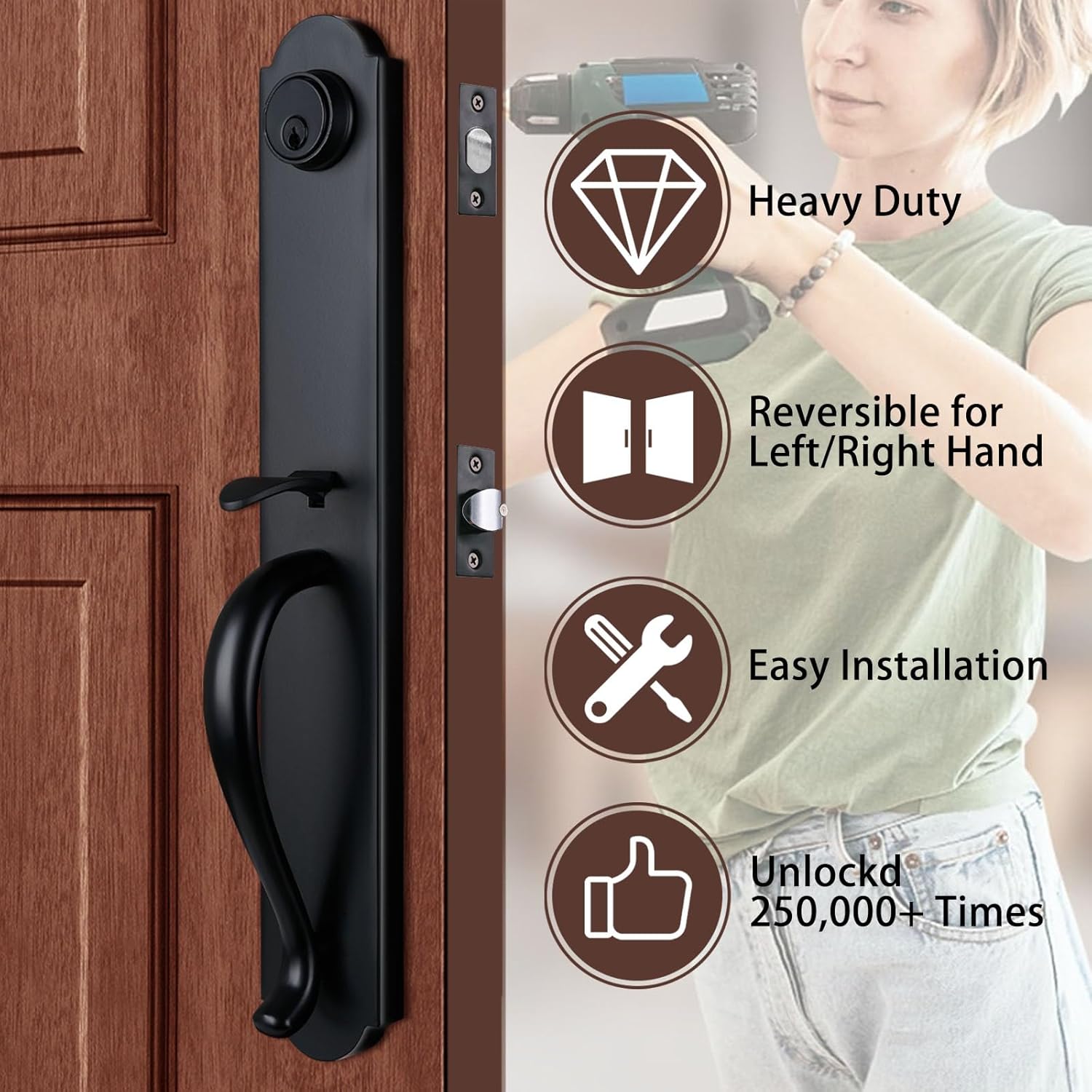 Matte Black Front Door Handleset with Deadbolt Adjustable reversible security