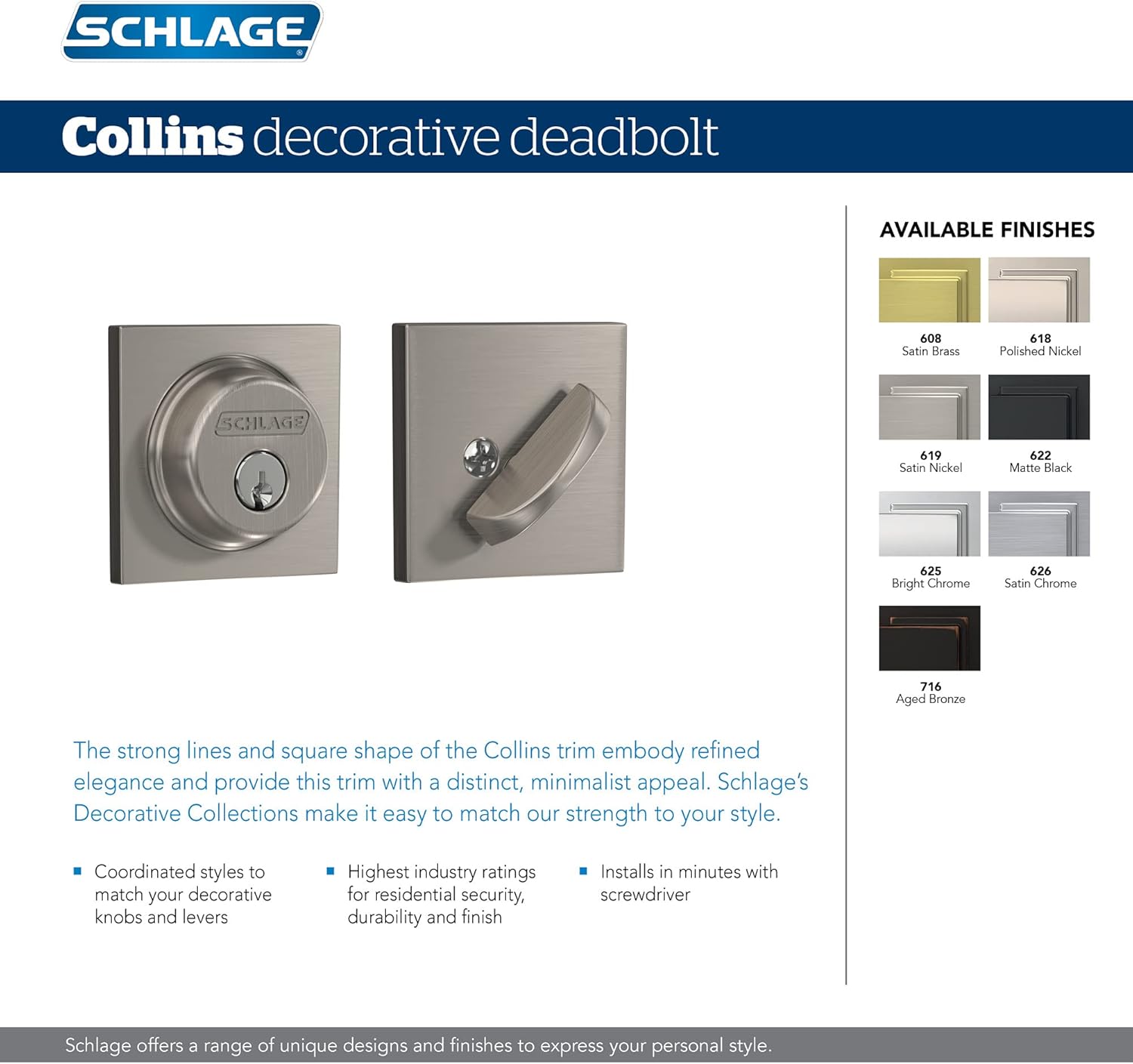 Schlage B60 N COL 622 Deadbolt with Collins Trim Highest Security Matte Black