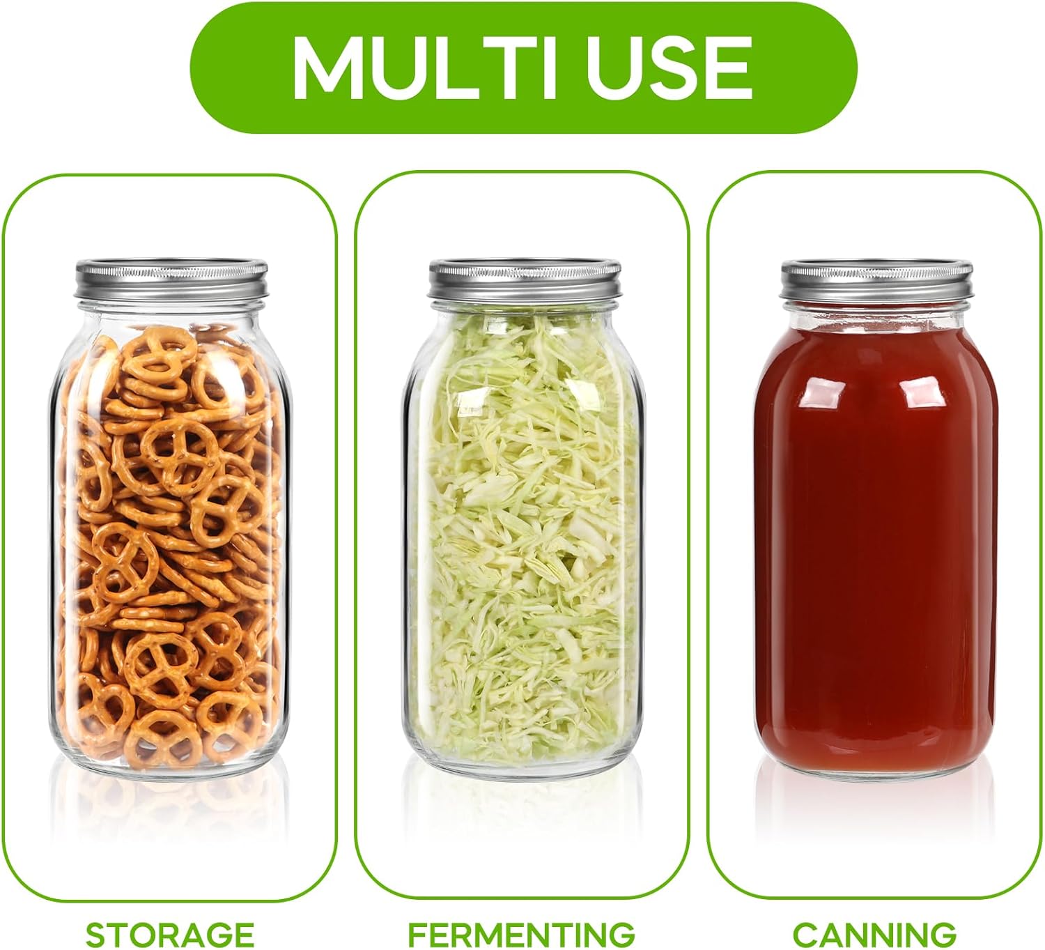 3-Pack wide mouth mason jars for canning storing 64 oz with lids bands Durable leakproof