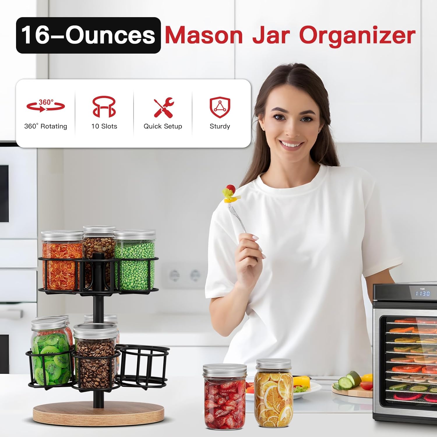 2-Tier Rotating Mason Jar Rack for 16oz Canning Jars