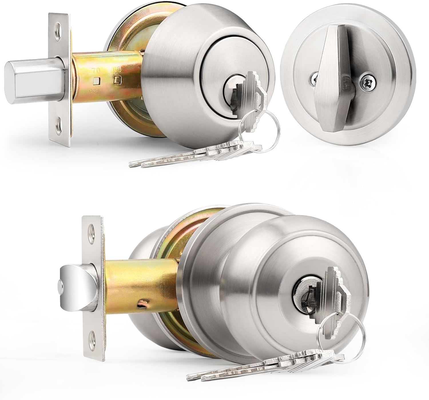 Probrico Keyed Alike Round Entry Door Knob and Deadbolt Set Satin Nickel