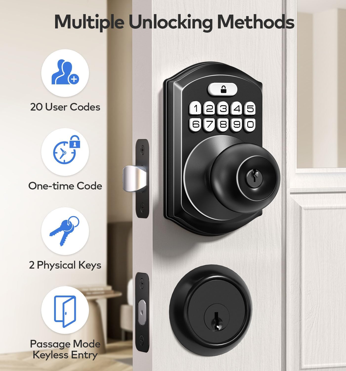 TEEHO Keyless Entry Door Lock With Handle - Matte Black