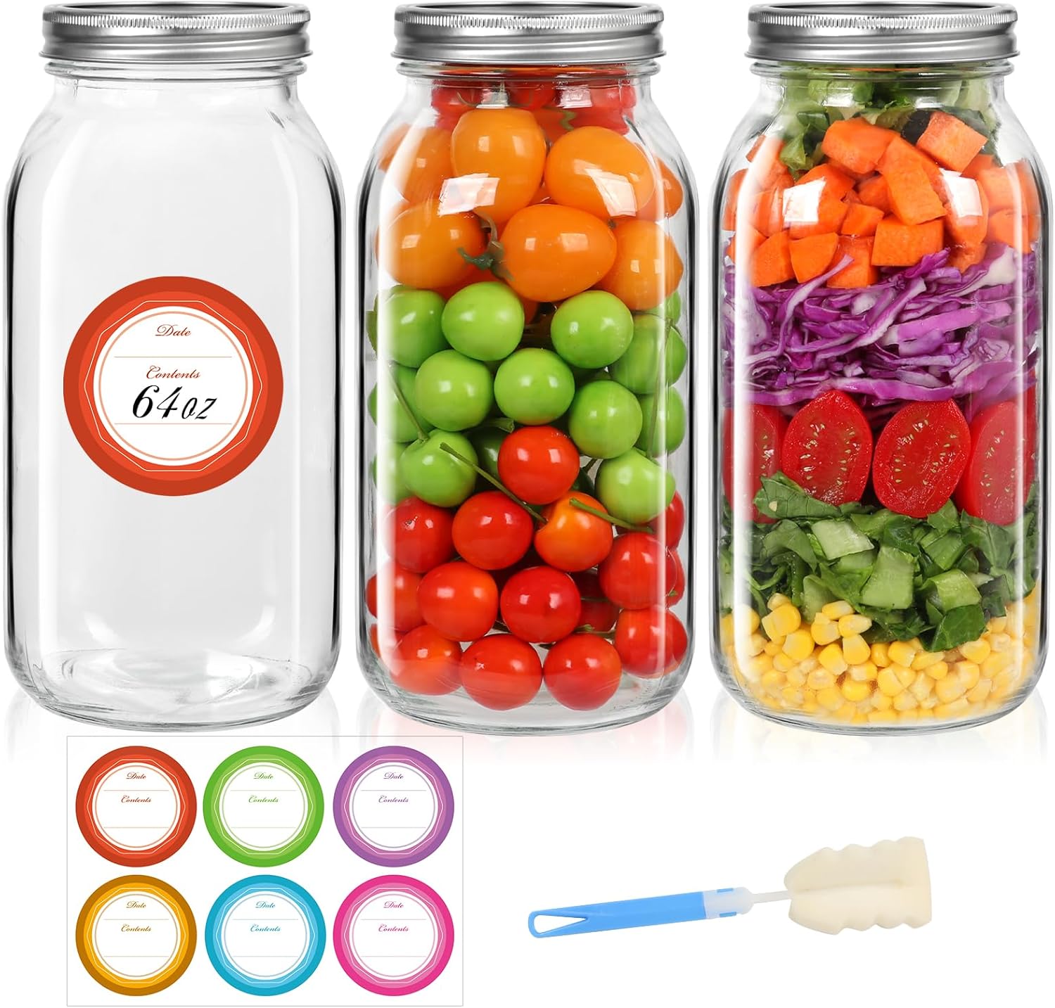 3-Pack wide mouth mason jars for canning storing 64 oz with lids bands Durable leakproof