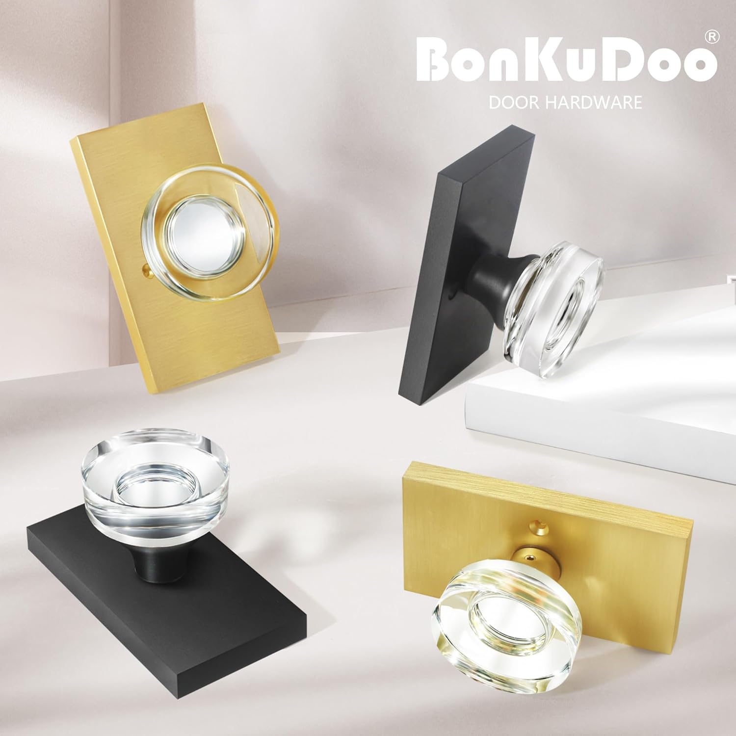 Sleek Glass Crystal Door Knobs with Deadbolt Set - Matte Black