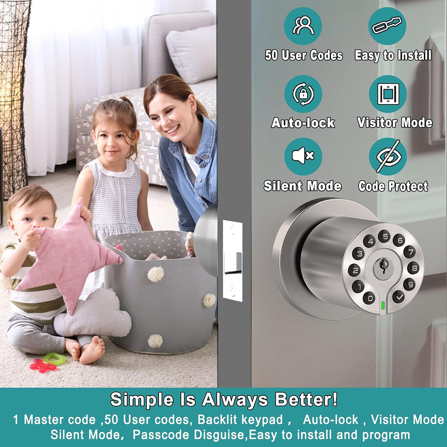 Keypad Door Knob with Keyless Entry 50 User Code Easy to Install