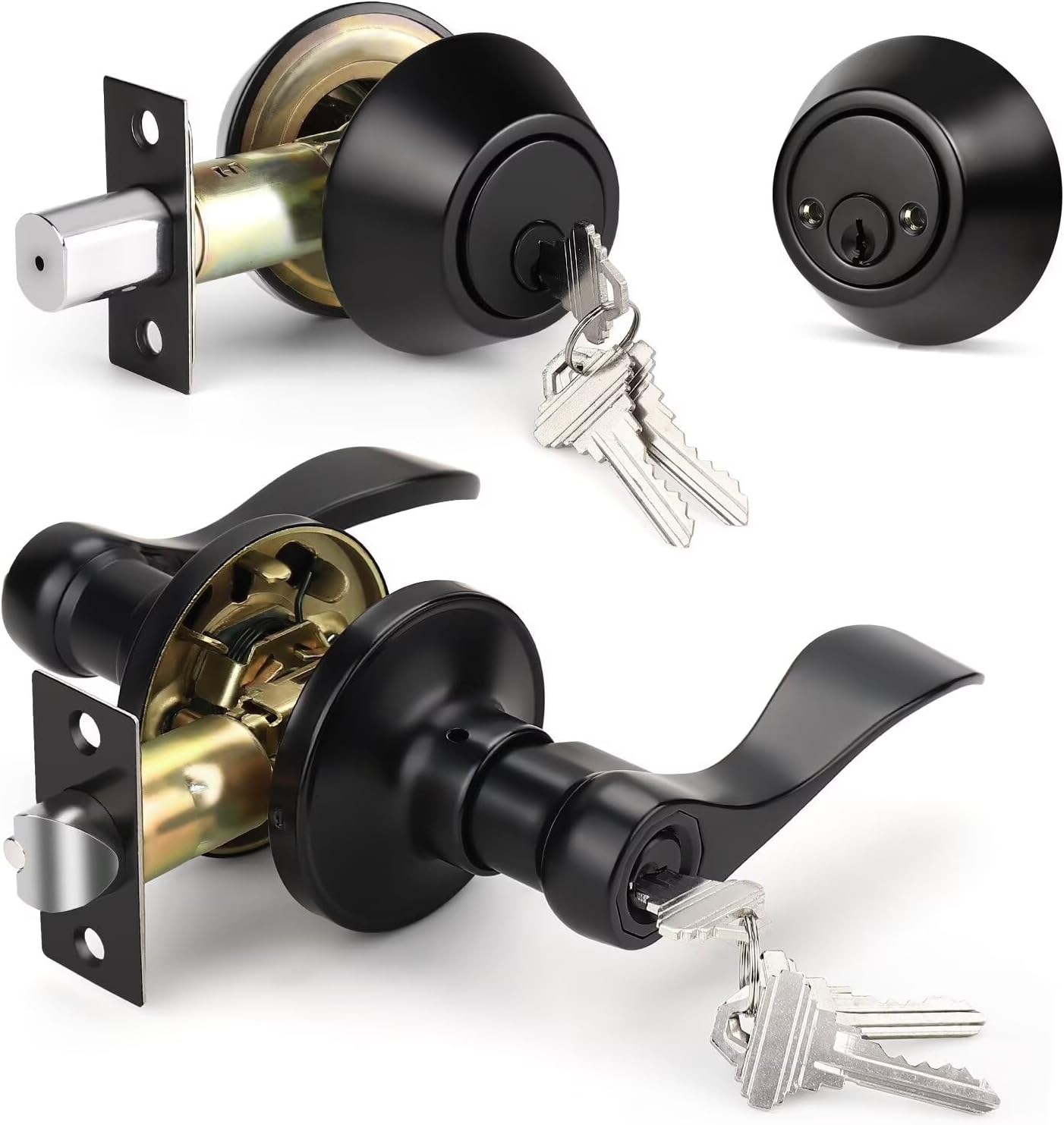 Matte Black Door Handle and Deadbolt Set with 6 Keys