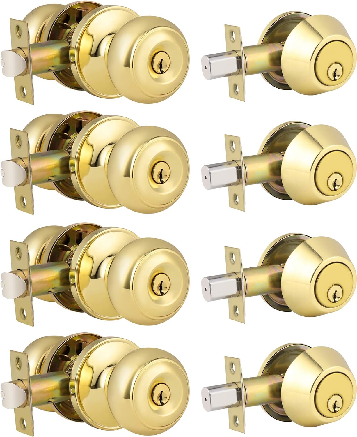 4-Pack Polished Brass Keyed Entry Door Knob Deadbolt Set