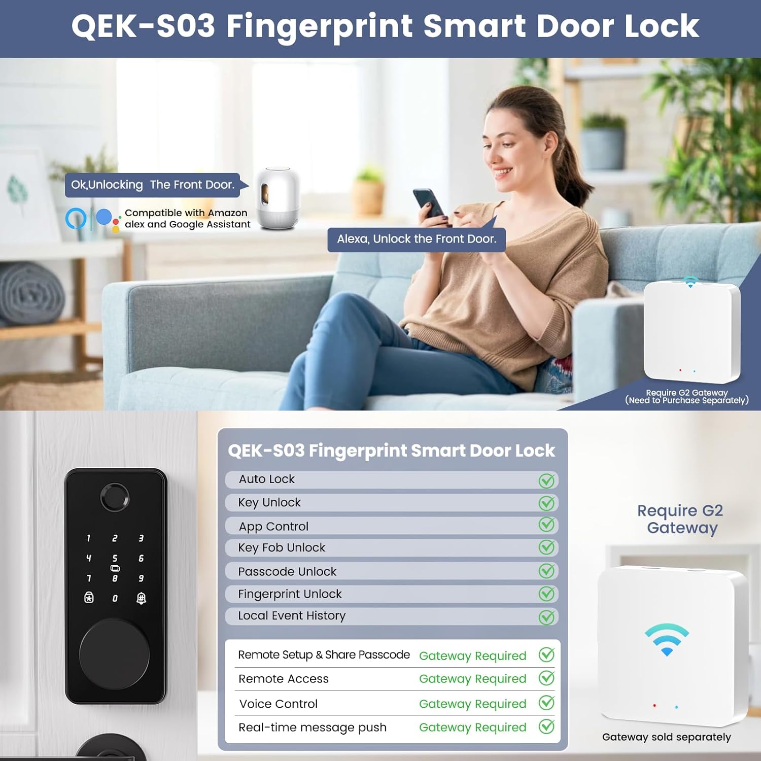 Biquole Smart Deadbolt Door Lock with Keypad Fingerprint App Control