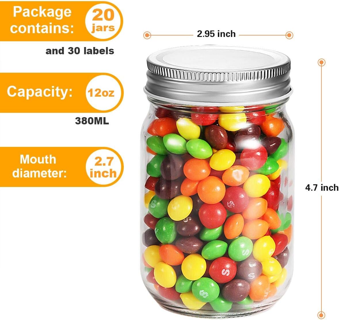 Premium 12oz Glass Jars with lids for Canning Storage