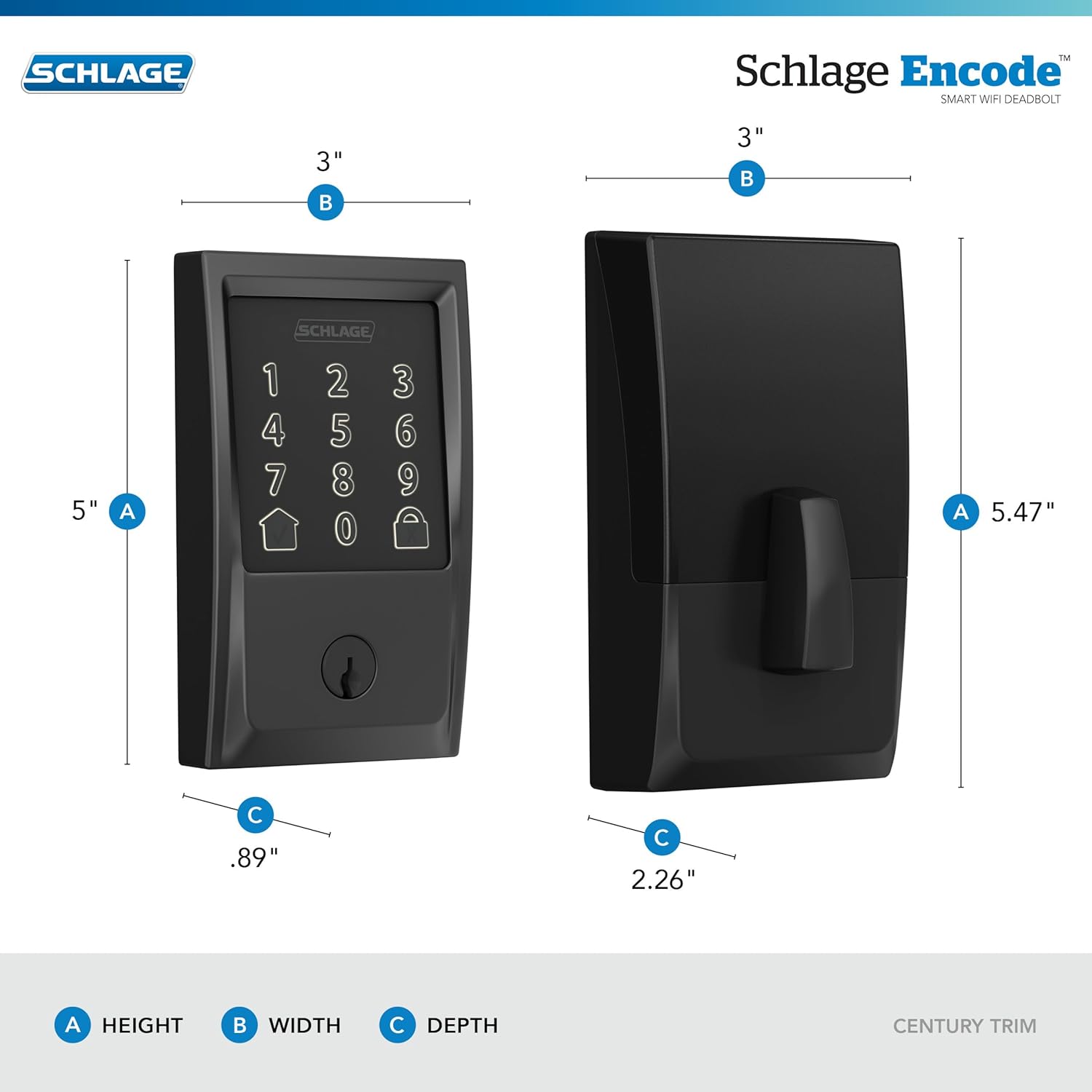 Schlag Smart Wi-Fi Deadbolt with Century Trim in Matte Black