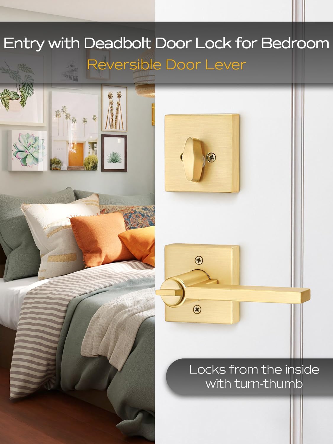 EHomeware Gold Door Handleset Satin Brass Reversible for RightLeft Doors