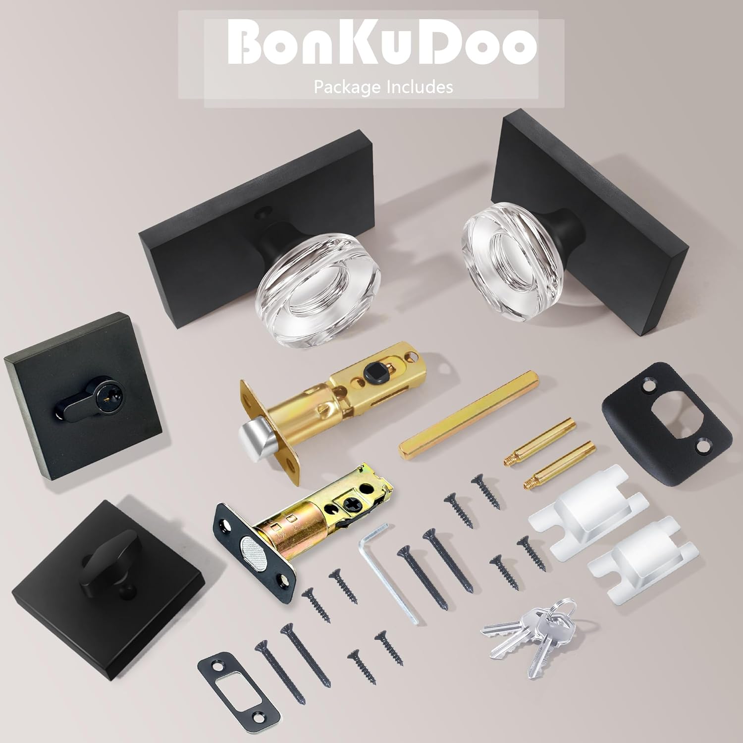 Sleek Glass Crystal Door Knobs with Deadbolt Set - Matte Black