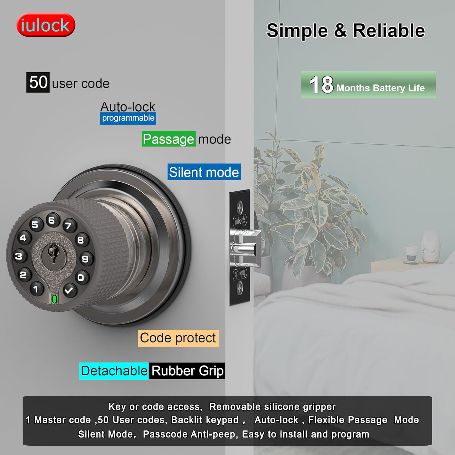 Smart Keypad Door Lock with 50 User Codes Waterproof Distinctive Design