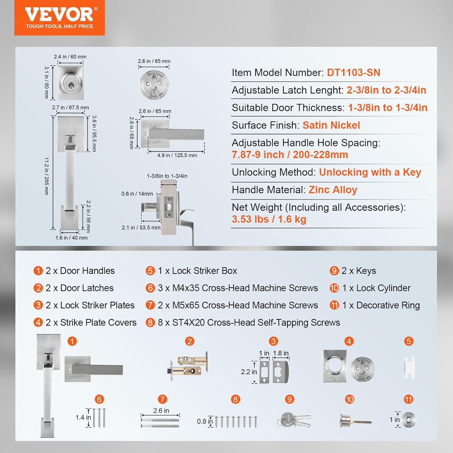 VEVOR Front Door Handle Set with Satin Nickel Hardware