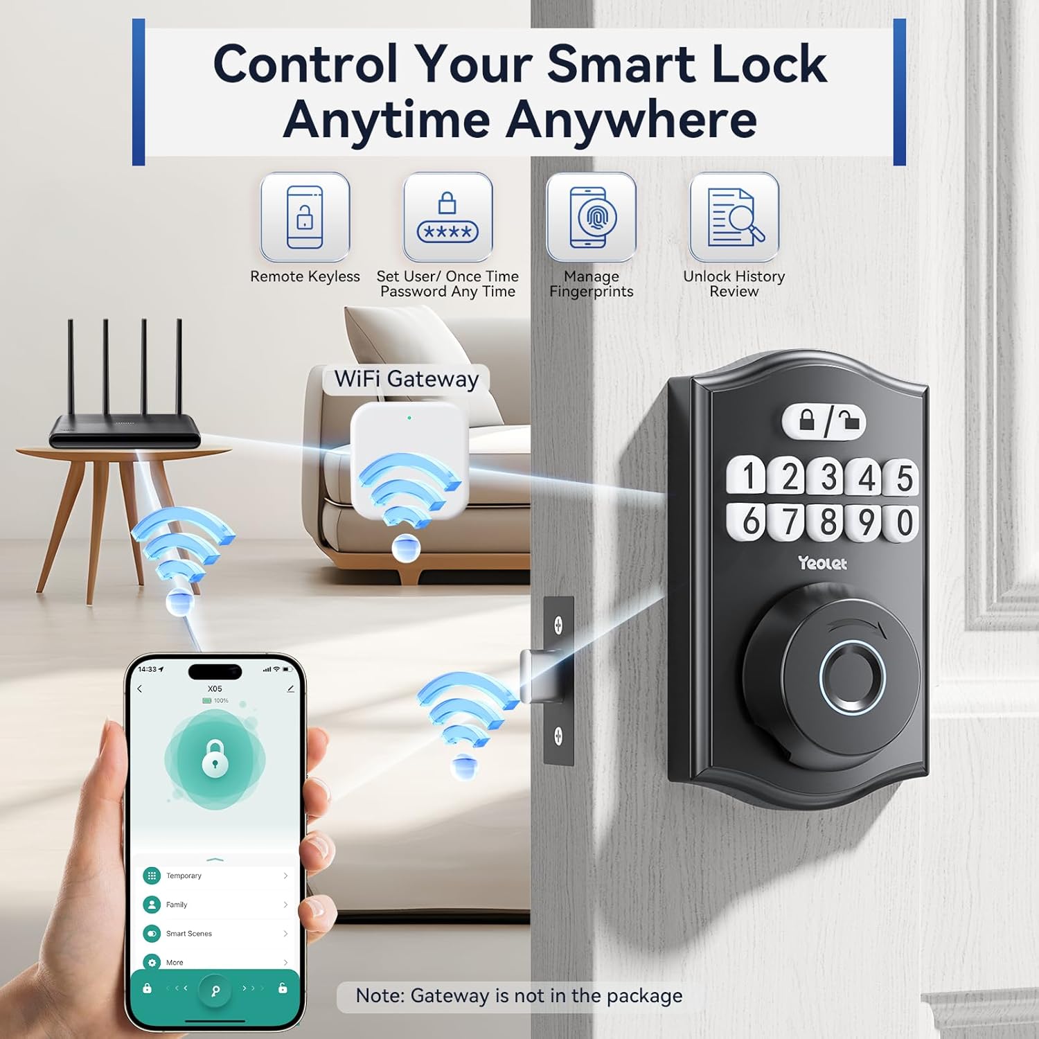 Yeolet Keyless Entry Door Lock with App Control Anti-Peeping Code