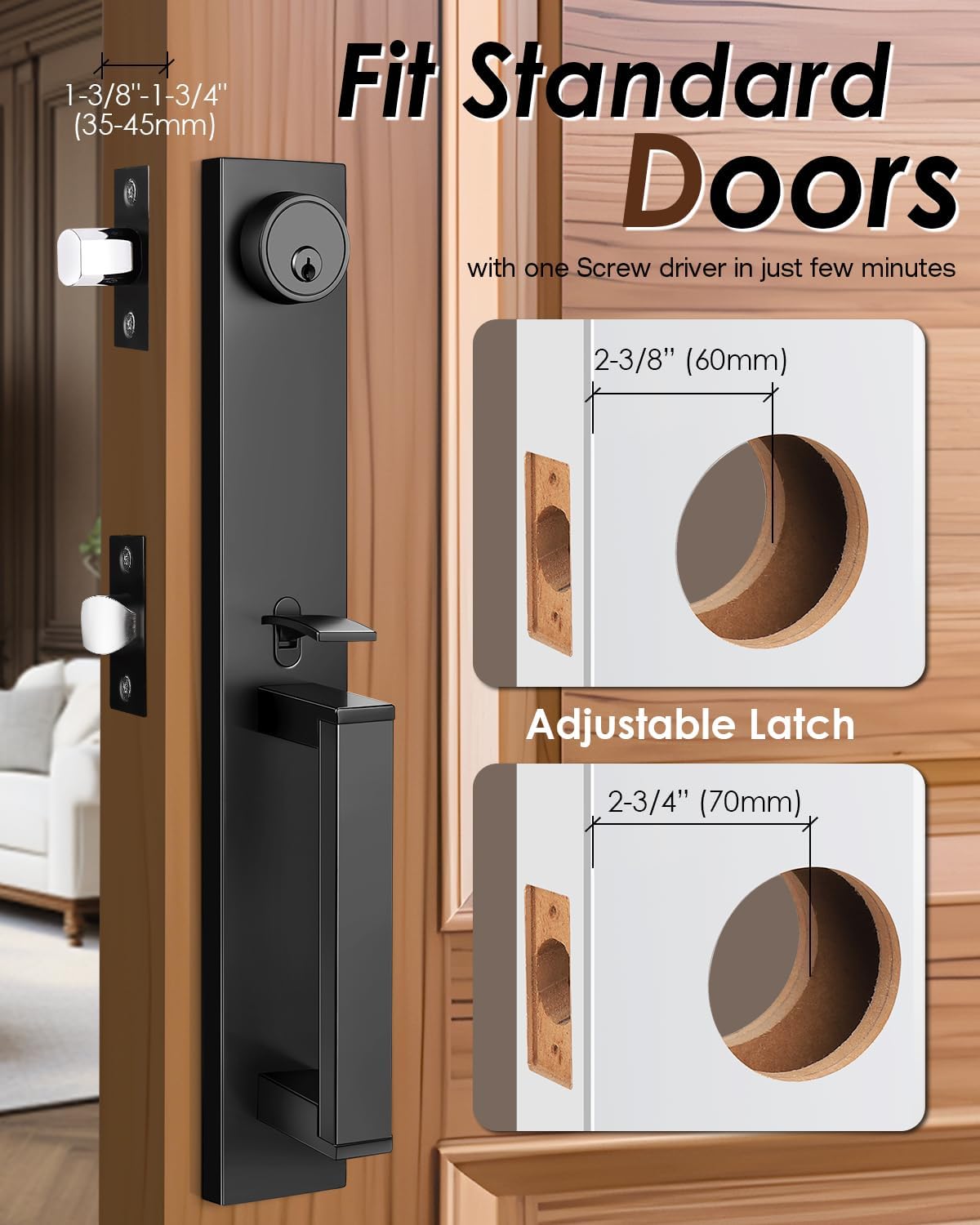 Modern Matte Black Front Door Handle Set with Deadbolt